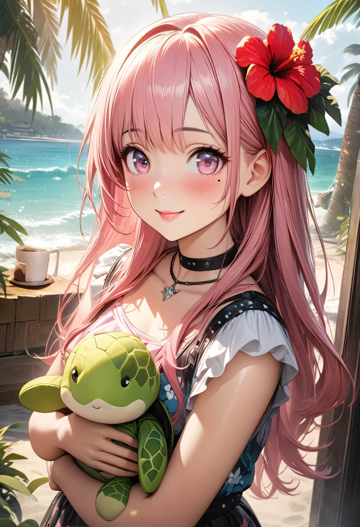 Masterpiece, Best Quality, Highly Detailed, High Definition, High Definition, High Definition, 4k, 8k, Unity 8K Wallpaper, Highly Detailed CG, Masterpiece, Realistic, Beautiful Details, Depth, Fine Texture, Best Quality: 1.3, Total concentration, perfect skin, boyfriend, very cute anime, cute like an idol, tall pink semi-long hair, one girl, Hawaiian dress, cute stuffed rabbit, stuffed sea turtle, palm tree, greeting, hibiscus hair decoration, smile, afternoon, coffeetime,long pink hair, whole body, mole under the eye, gaze, high, blush, lips parted, his art, pink eyes, choker