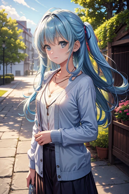 Realistic, Anime screenshots, chest, View from the front, Are standing, , pretty girl, , bangs, Pulling the hair back, Floating Hair, Side Lock, Light blue hair, Two-tone hair, Flowing Hair, 平らなchest, Light Skin, ribbon, necklace, ring, cardigan, White shirt, clavicle, Outdoor, blue sky, 8k resolution