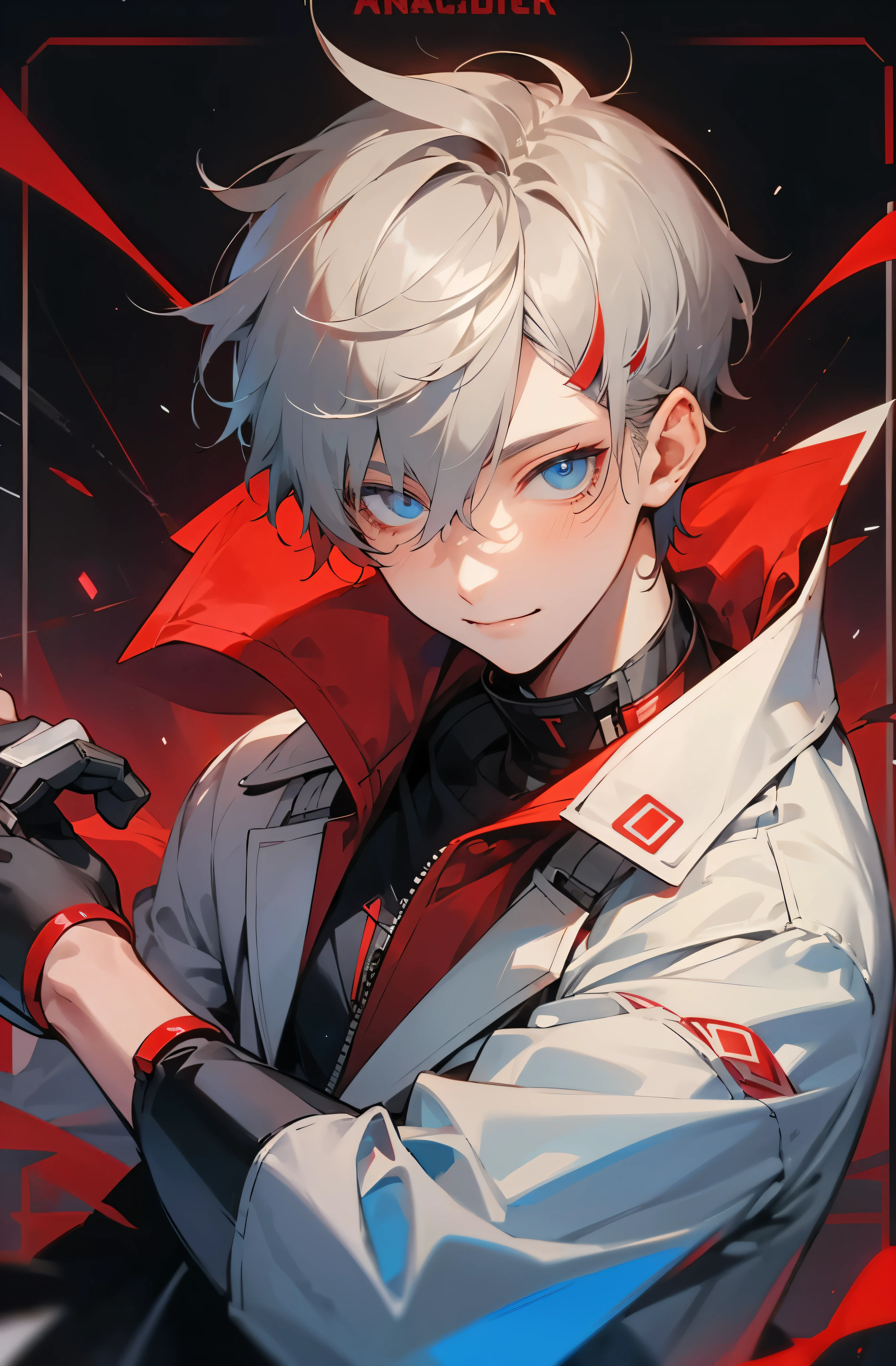 good looking, alone, 1 male, short hair, Gray Hair, Red highlights on hair tips, Bright Blue Eyes, White and red clothes, Smile Facial, Futuristic, cyber punk, card, You say, gambler