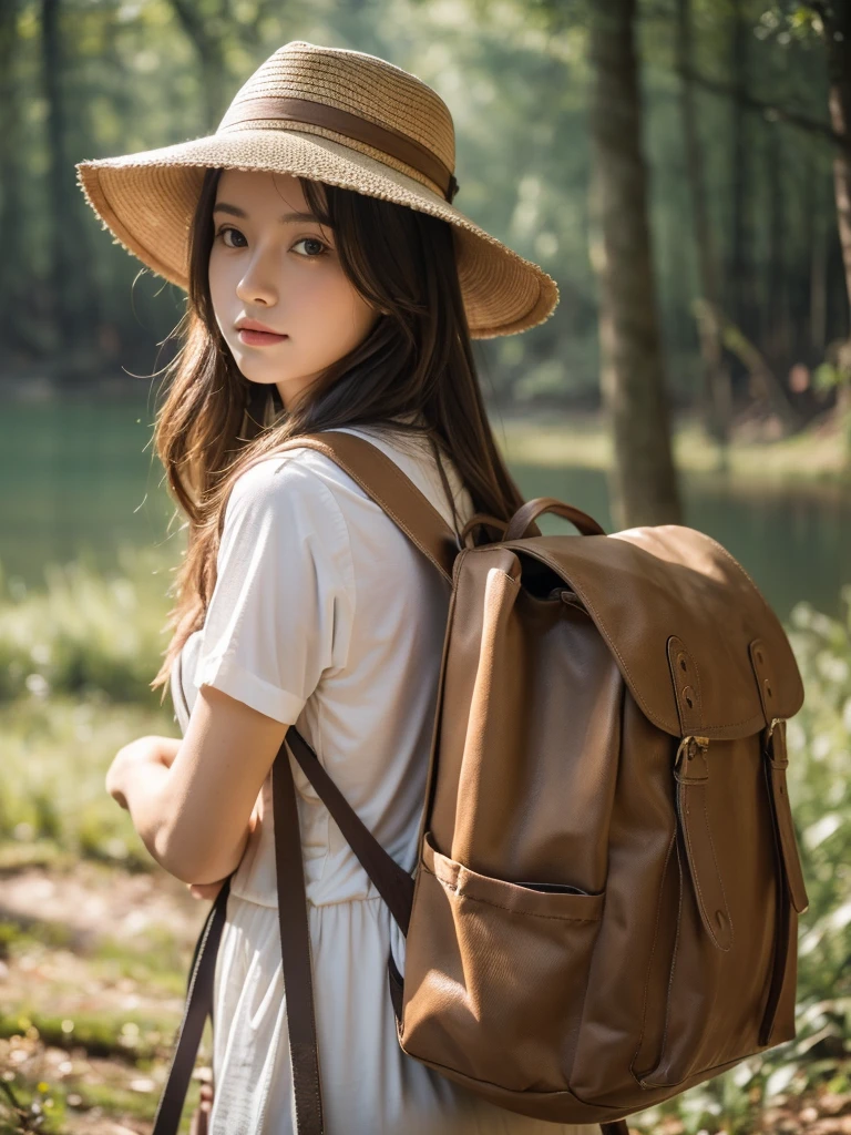 best qualtiy, masterpiece, (realistic:1.6), raw photograph, 1girl, portrait, deep shading, low tune, soft light, looking to the camera, Sexy look, long brown all back hair, safari hat, back pack,
day outdoor, forest background, deers, lake,