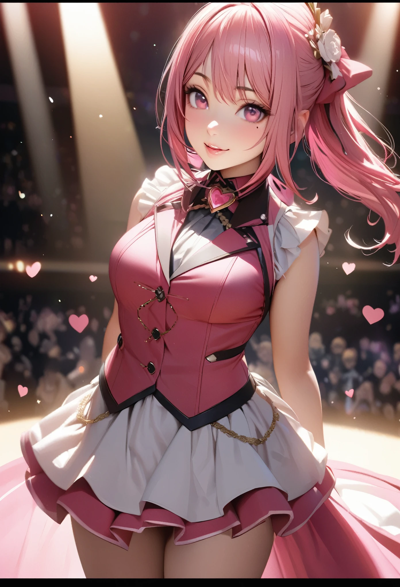 One Girl、Looking at the audience、
Beautiful Pink Eyes、long pink hair、,Mole under the eye、Plump and glossy lips、Heart-shaped choca、Idol、she is name Riko,smile、ー、。.。.。.。.。.。.。.。.。.。.。.。.。.。.。.。.。.。.3D、Realistic、
idol costume、short skirt,Drape clothes、gem、The decoration has been removed、Floral、Lace trim,On the glittering stage、
masterpiece、highest quality、8k、Detailed skin texture、Detailed cloth texture、Beautifully detailed face、Intricate details、Very detailed、
超A high resolution、8K Ultra HD、Film Grain、Best Shadow、delicate、Staring at the audience、front