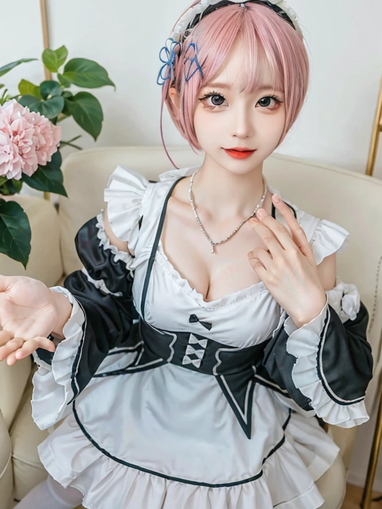 (8K, Photorealistic, Raw photo, of the highest quality: 1.3), (1girl in), Super beautiful, (Realistic face), (boyish, light blue Color Berry Shorthair),(8K, Photorealistic, Raw photo, of the highest quality: 1.3), (1girl in), Super beautiful, (Realistic face), (boyish, pink Color Berry Shorthair), Beautiful , Glare that captivates the viewer, Beautiful expression, Beautiful breasts, (Realistic skin), Be...Create a detailed and colorful image of Ram and Rem from Re:Zero, standing back-to-back in their maid outfits, with a magical fantasy background、14years old, two girls,cute, perfect face, beautiful, nice body, gothic lolita clothes, gothic lolita fashion, frilly skirt, headdress, necklace, bracelet, knee-high socks, boots, double eyelids, tear bags, Detailed down to the fingers, photo-like description, indoors, dim indoor lighting, one girl is pink hair and short bob, another girl is light blue hair and short bob,standing, whole body, composition that shows the whole body, smiling,The Both of them are wearing the same type of maid outfit