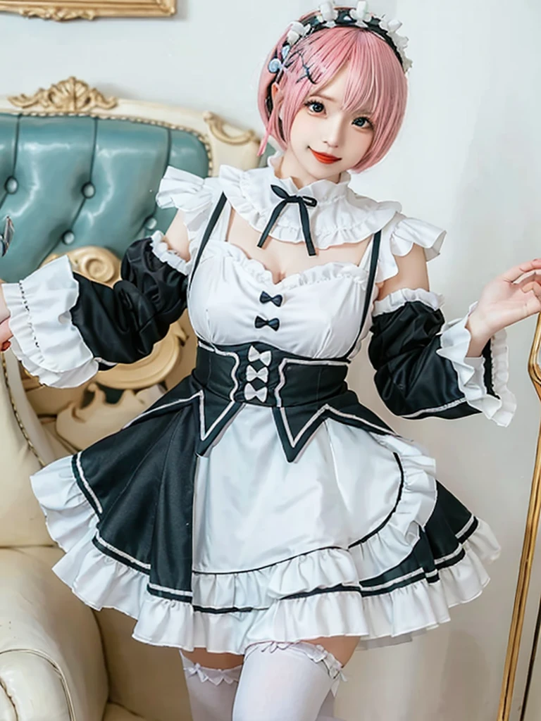 (8K, Photorealistic, Raw photo, of the highest quality: 1.3), (1girl in), Super beautiful, (Realistic face), (boyish, light blue Color Berry Shorthair),(8K, Photorealistic, Raw photo, of the highest quality: 1.3), (1girl in), Super beautiful, (Realistic face), (boyish, pink Color Berry Shorthair), Beautiful , Glare that captivates the viewer, Beautiful expression, Beautiful , (Realistic skin), Be...Create a detailed and colorful image of Ram and Rem from Re:Zero, standing back-to-back in their maid outfits, with a magical fantasy background、14yearsirls,cute, perfect face, beautiful, nice body, gothic lolita clothes, goolita fashion, frilly sheaddress, necklace, bracelet, knee-high socks, boots, double eyelids, tear bags, Detailed down to the fingers, photo-like description, indoors, dim indoor lighting, one girl is pink hair and short bob, another girl is light blue haind short bob,standing, whole body, composition that shows the whole body, smiling,The Both of them are wearing the same type of maid outfit