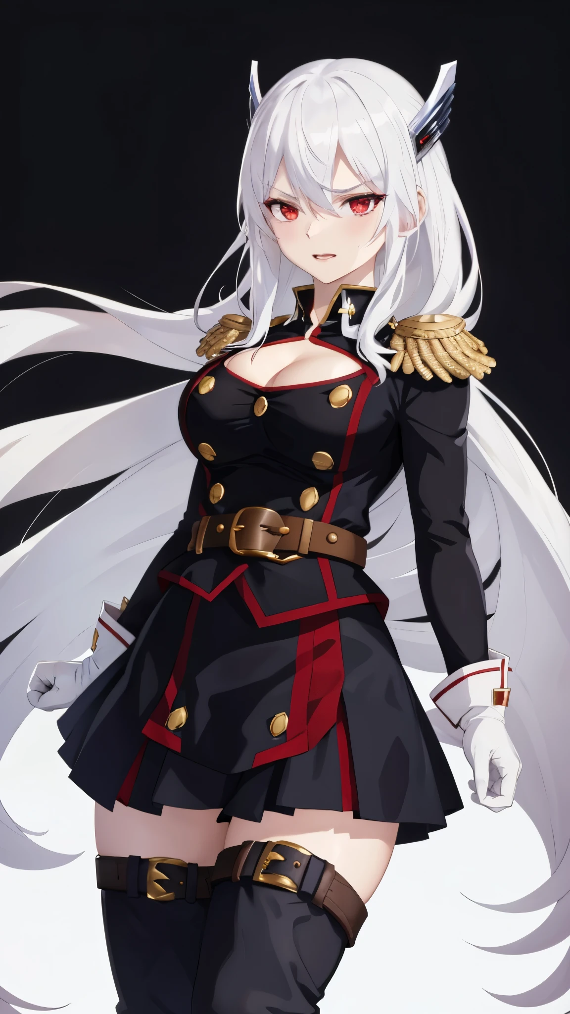 cleavage,footstomp,white hair,red eyes,KyoukaUzen, hair ornament military uniform, white gloves, epaulettes, belt, pleated skirt, black skirt, thigh boots
