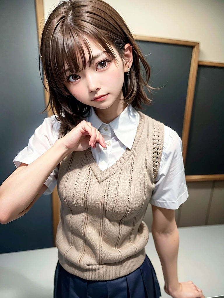 Masterpiece, Top Quality, Top Mikoto, brown eyes, short hair, small breasts, looking at viewer, alone, closed mouth, collared shirt, beige knit vest, dark blue  Skirt, school_uniform, shirt, white_shirt, classroom,Masterpiece, highest quality, 8K, detailed skin texture, fine cloth texture, beautiful detailed face, intricate details, super detailed,cute,cute posing,composition that shows the whole body,