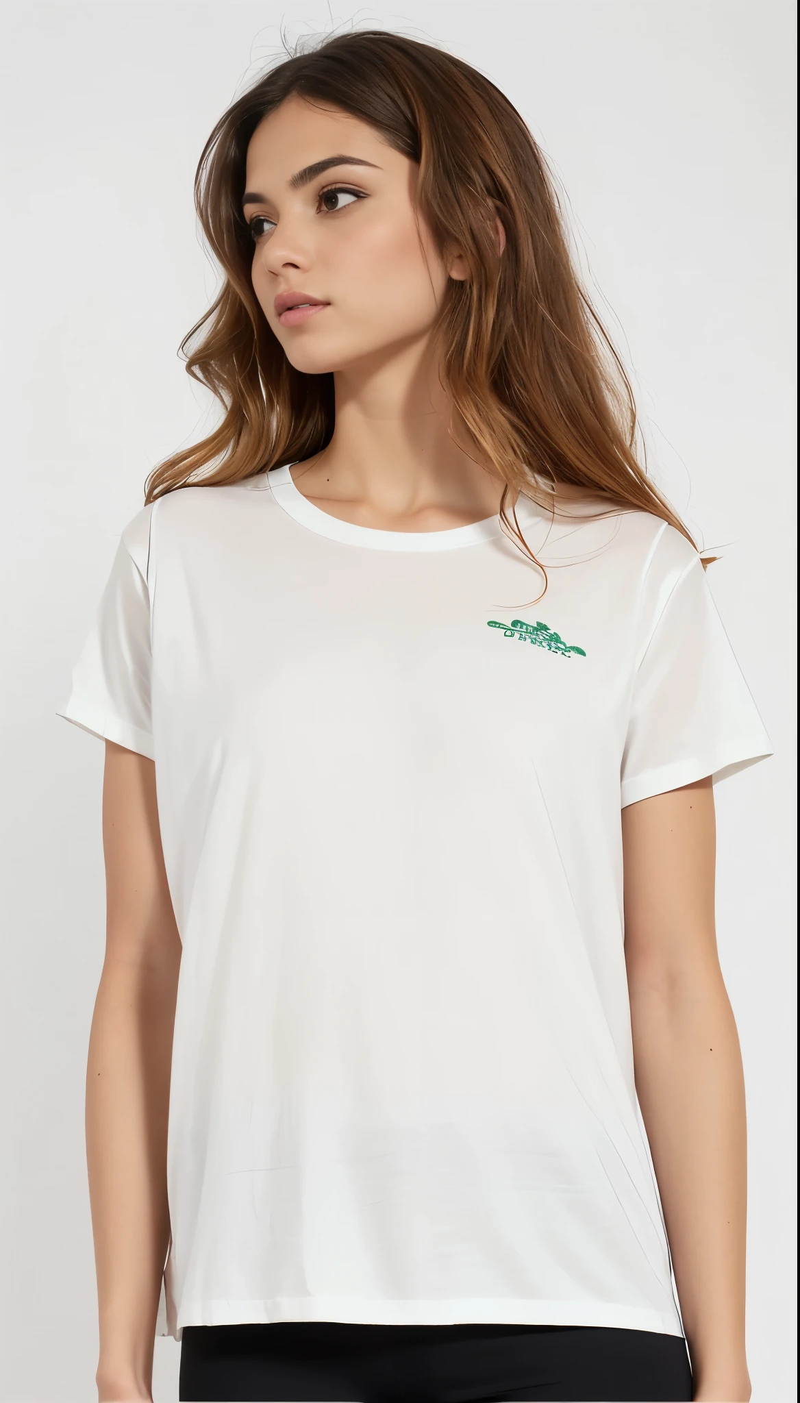 a woman wearing a white shirt and black pants, Manga curta, camiseta branca, estampado em uma camiseta de linho creme, plain camiseta branca, camiseta branca, camiseta branca, Minimal clothing, Victoria Siemer, wear's Bege shirt, centre image, Bege, vestindo uma camiseta, imagem detalhada do produto, velvia