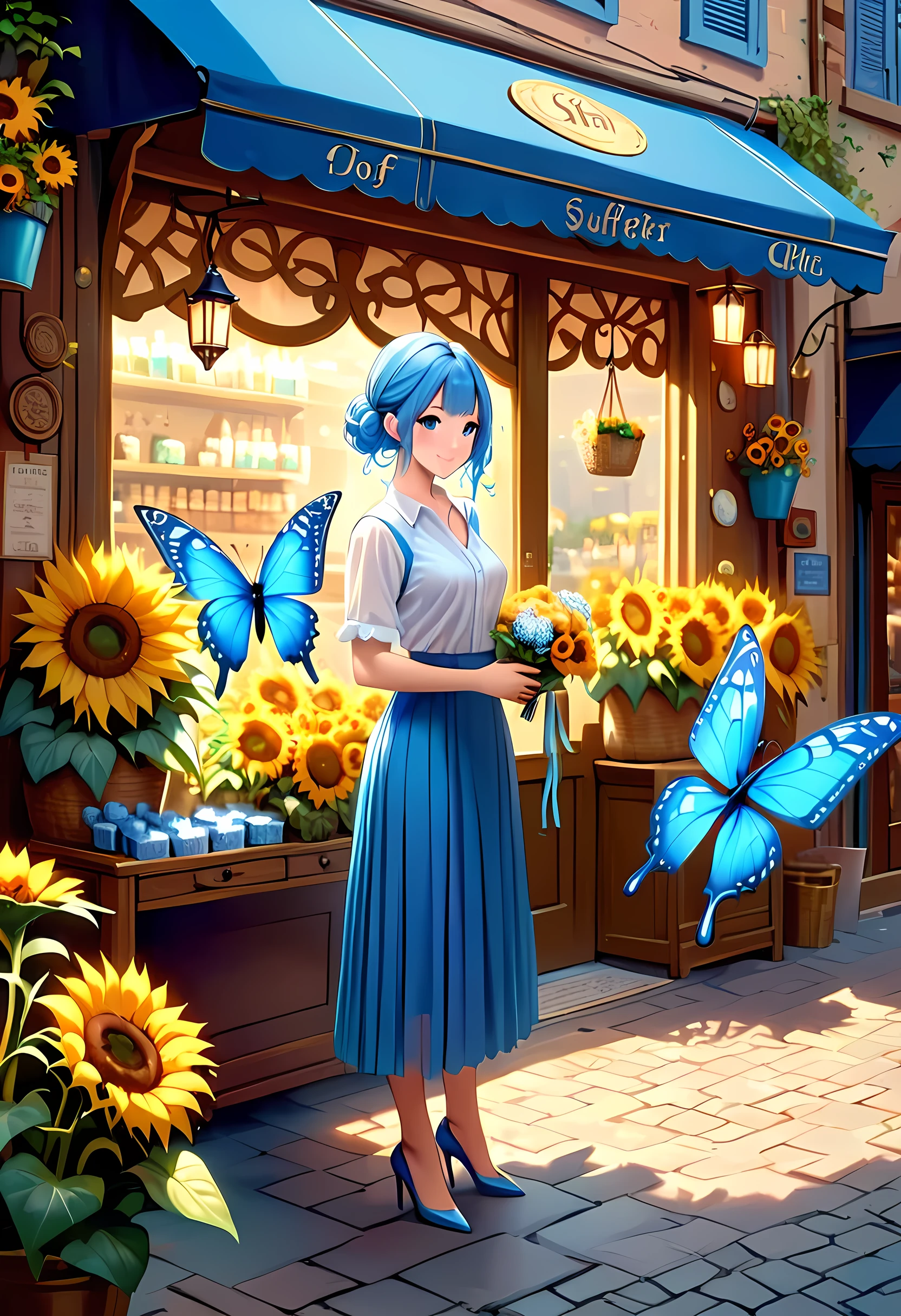 high details, best quality, 16k, RAW, [best detailed], masterpiece, best quality, (extremely detailed), GlowingRunes_paleblue, full body, ultra wide shot, photorealistic, fantasy art, RPG art, D&D art, a picture of a fairy selling flowers in a florist shop, extremely beautiful fairy, ultra feminine (intense details, Masterpiece, best quality), (Blue: 1.3) butterfly wings (intense details, Masterpiece, best quality), blue and white wings (intense details, Masterpiece, best quality),  azure hair, pixie cut hair, shinning hair, flowing hair, shy smile, innocent smile, blue eyes, wearing bright blue skirt, dynamic elegant shirt, chocker, wearing high heels, in flower shop (intense details, Masterpiece, best quality), extreme many (sunflowers: 1.3) (intense details, Masterpiece, best quality), sunflower shop in a modern era street, High Detail, Ultra High Quality, High Resolution, 16K Resolution, Ultra HD Pictures, Ultra Realistic, Clear Details, Realistic Detail, Ultra High Definition, Big Fairy Wings