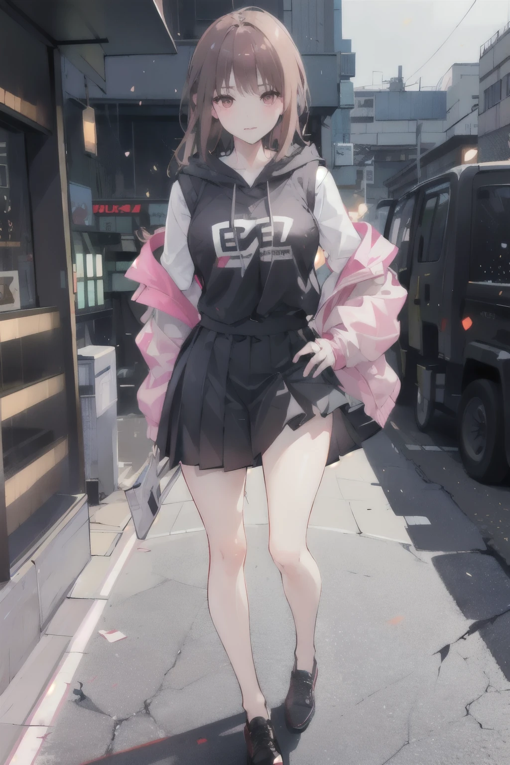 Original photo, best quality, full body photo), (Realistic, photo fidelity: 1.3), (Extremely delicate and beautiful: 1.1) 1 woman, 😜exquisite details, masterpiece, super detailed, pink pure cotton vest, black pleated skirt, black cotton leggins, standing, 8k ultra high definition, DSLR, high quality, (Film particles: 1.4), A windbreaker with a hood and a neon pink interior covers your shoulders and a pleased skirt. Walking down a busy street, she attracts glances from onlookers. This image exudes realism, capturing the essence of a fragile and embarrassed figure.
