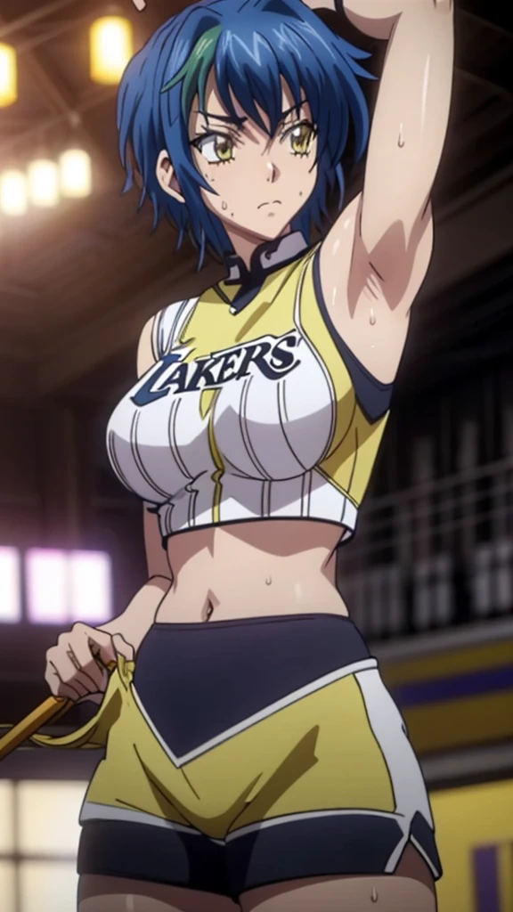 a close up of a person wearing a basketball uniform, a picture, inspired by Kentaro Miura, trending on pixiv, wearing yellow nba jersey, yellow croptop nba jersey, wearing a low cut croptop, wearing croptop, croptop, written "Lakers" on the croptop, golden raito, (winking), shirobako, large)}], favorite scene, fine details. anime. skins, sweating, big breasts, both hands raised, armpits, armpits visible, dripping with sweat, more more sweat, sweaty armpits.