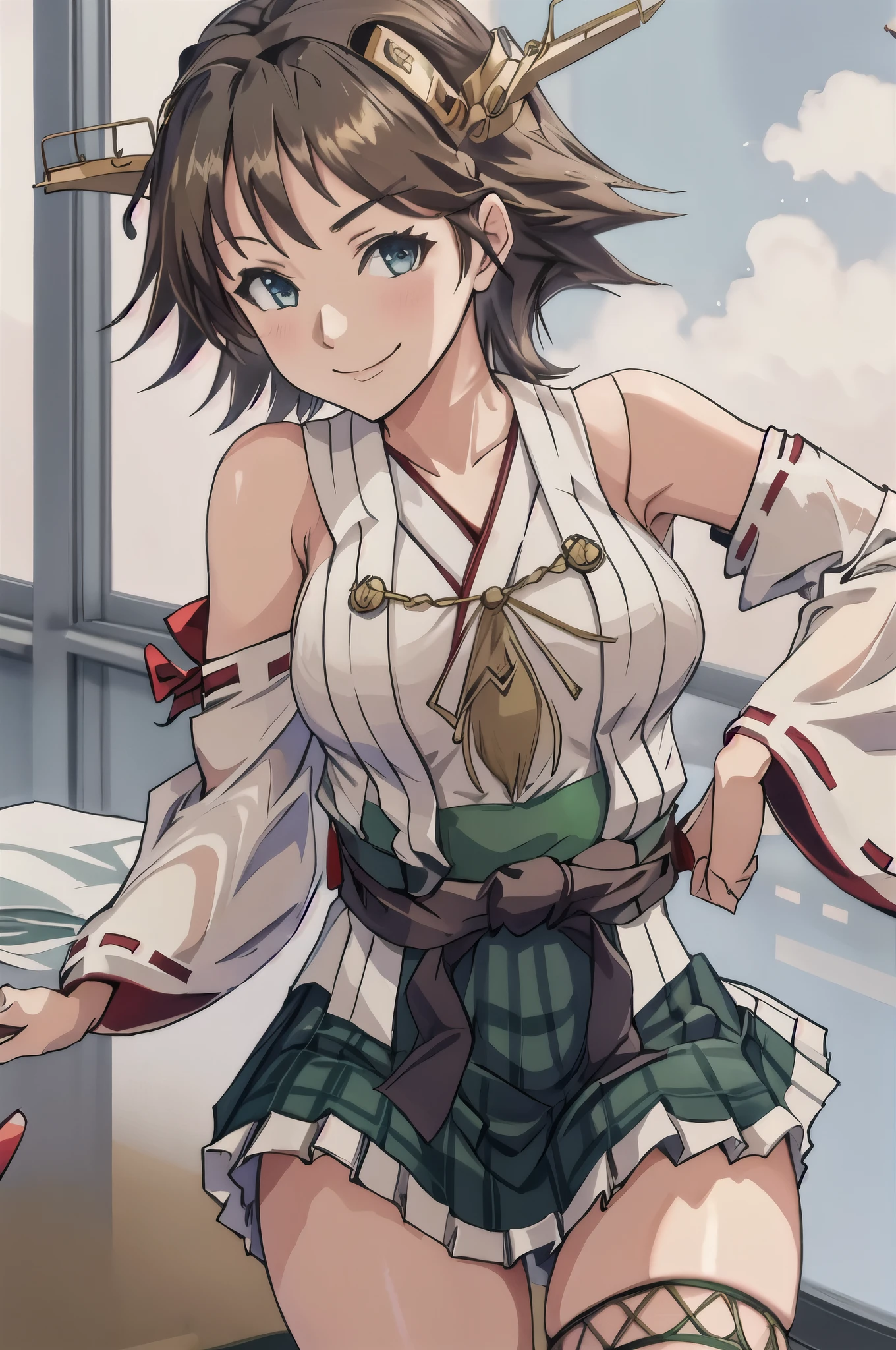 highest quality, masterpiece, High resolution, alone, {Hiei_Kantai Collection:1.15}, オレンジ色hair, hairband, headgear, Non-traditional_Miko, smile, green_eye, Inverted up_hair, smile, One Girl, Dependent_sleeve, green_skirt, Plaid, Plaid_skirt, ribbon-trimmed_sleeve, ribbon_trim, skirt, Office Background, 