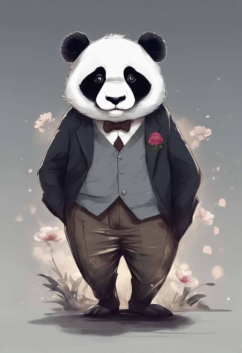 anthropomorphic panda, de cuerpo entero, vestido formalmente con un blazer, sostiene una bandeja, pegatina de panda, sticker de panda.