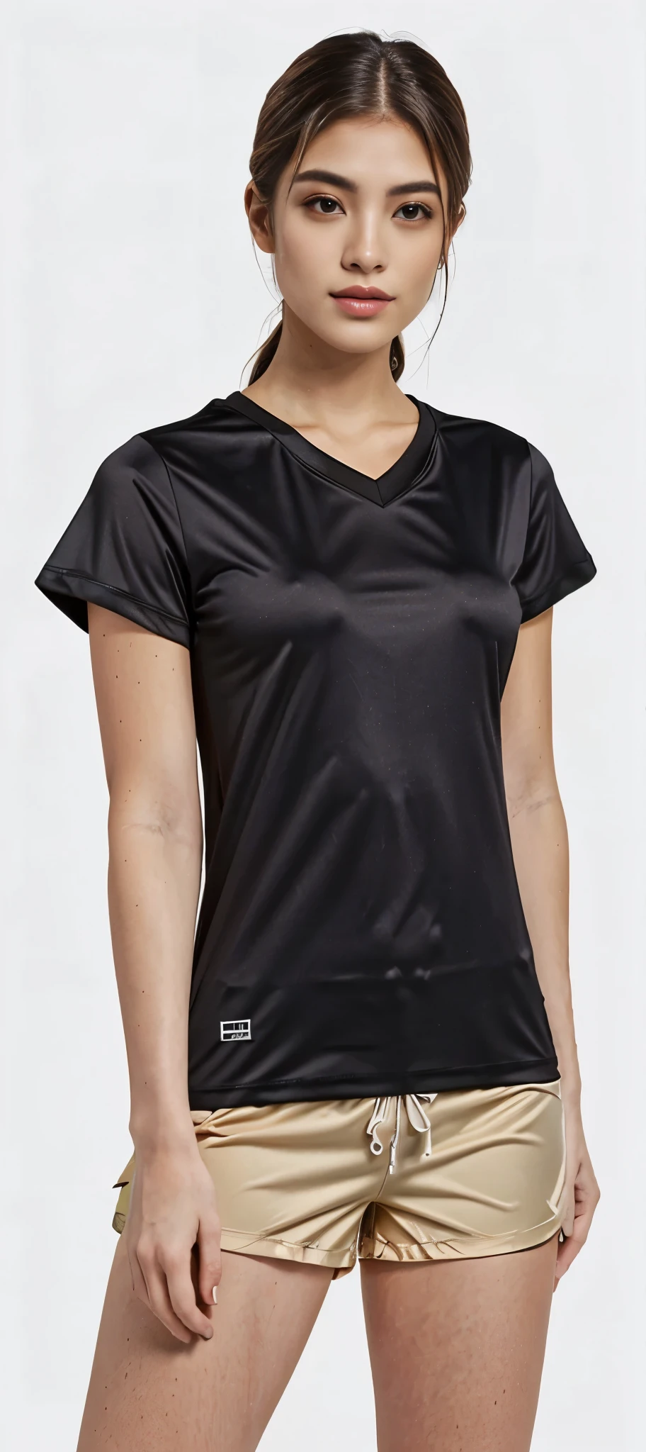 a woman in a camisa preta and tan shorts posing for a picture, Manga curta, roupas esportivas, usando blusa com decote em V, camiseta esportiva, camiseta preta, vestindo uma camiseta preta, imagem detalhada do produto, close da parte superior do corpo, vestindo camiseta preta, close da parte superior do corpo, vestindo uma camiseta preta, centre image, camisa preta, camisa preta