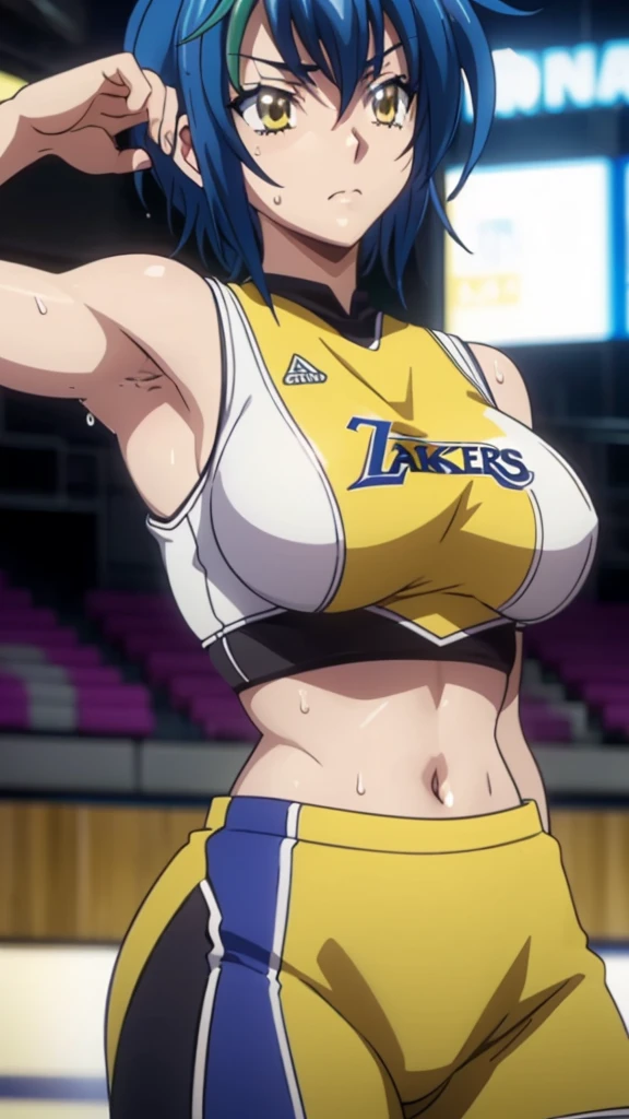 a close up of a person wearing a basketball uniform, a picture, inspired by Kentaro Miura, trending on pixiv, Xenovia, wearing yellow nba jersey, yellow croptop nba jersey, wearing a low cut croptop, wearing croptop, croptop, written "Lakers" on the croptop, golden raito, (winking), shirobako, large)}], favorite scene, fine details. anime. skins, sweating, big breasts, both hands raised, armpits, armpits visible, dripping with sweat, more more sweat, sweaty armpits.