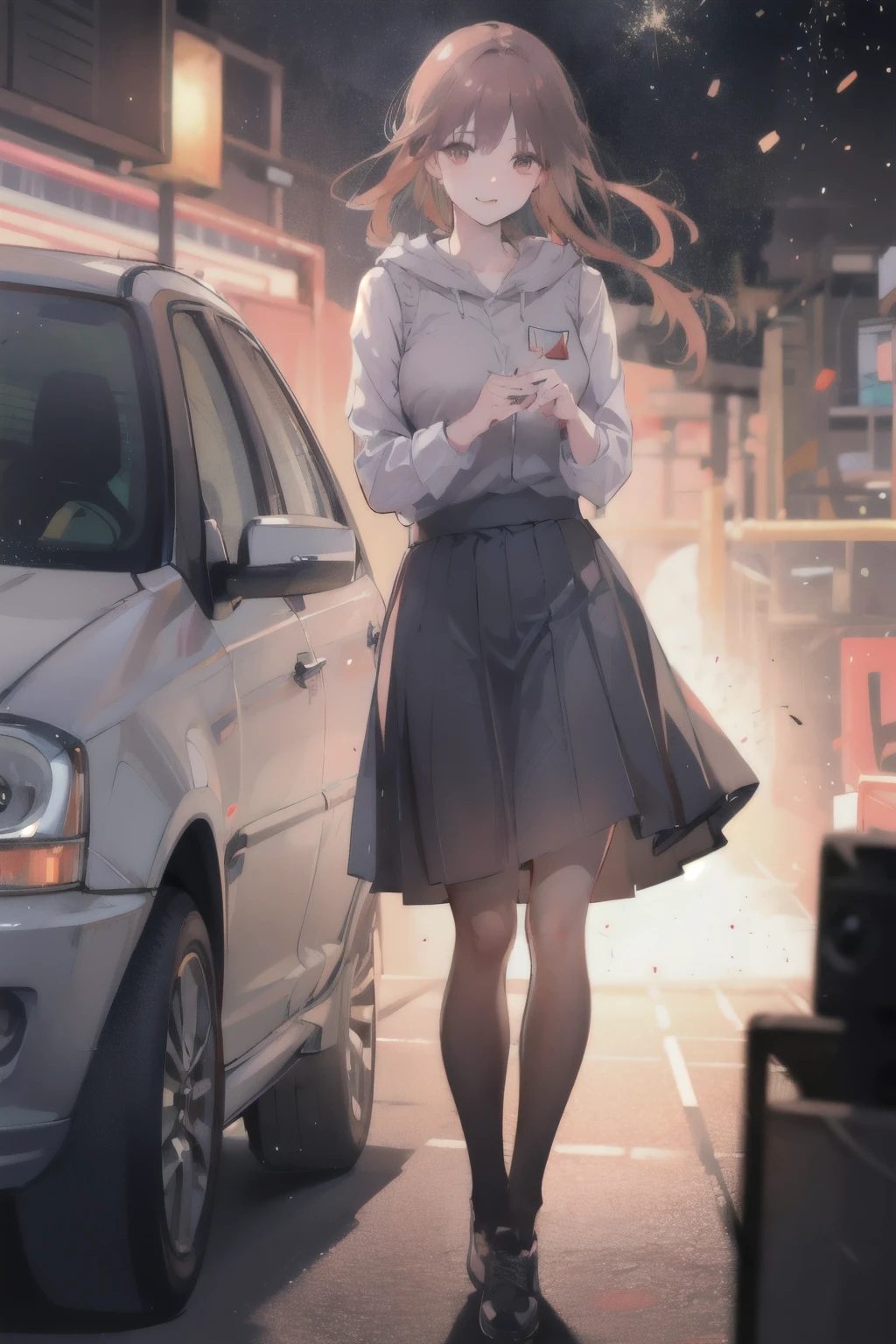 Original photo, best quality, full body photo), (Realistic, photo fidelity: 1.3), (Extremely delicate and beautiful: 1.1) 1 woman, 😜exquisite details, masterpiece, super detailed, pink pure cotton vest, black pleated skirt, black cotton leggins, standing, 8k ultra high definition, DSLR, high quality, (Film particles: 1.4), A windbreaker with a hood and a neon pink interior covers your shoulders and a pleased skirt. Walking down a busy street, she attracts glances from onlookers. This image exudes realism, capturing the essence of a fragile and embarrassed figure.
