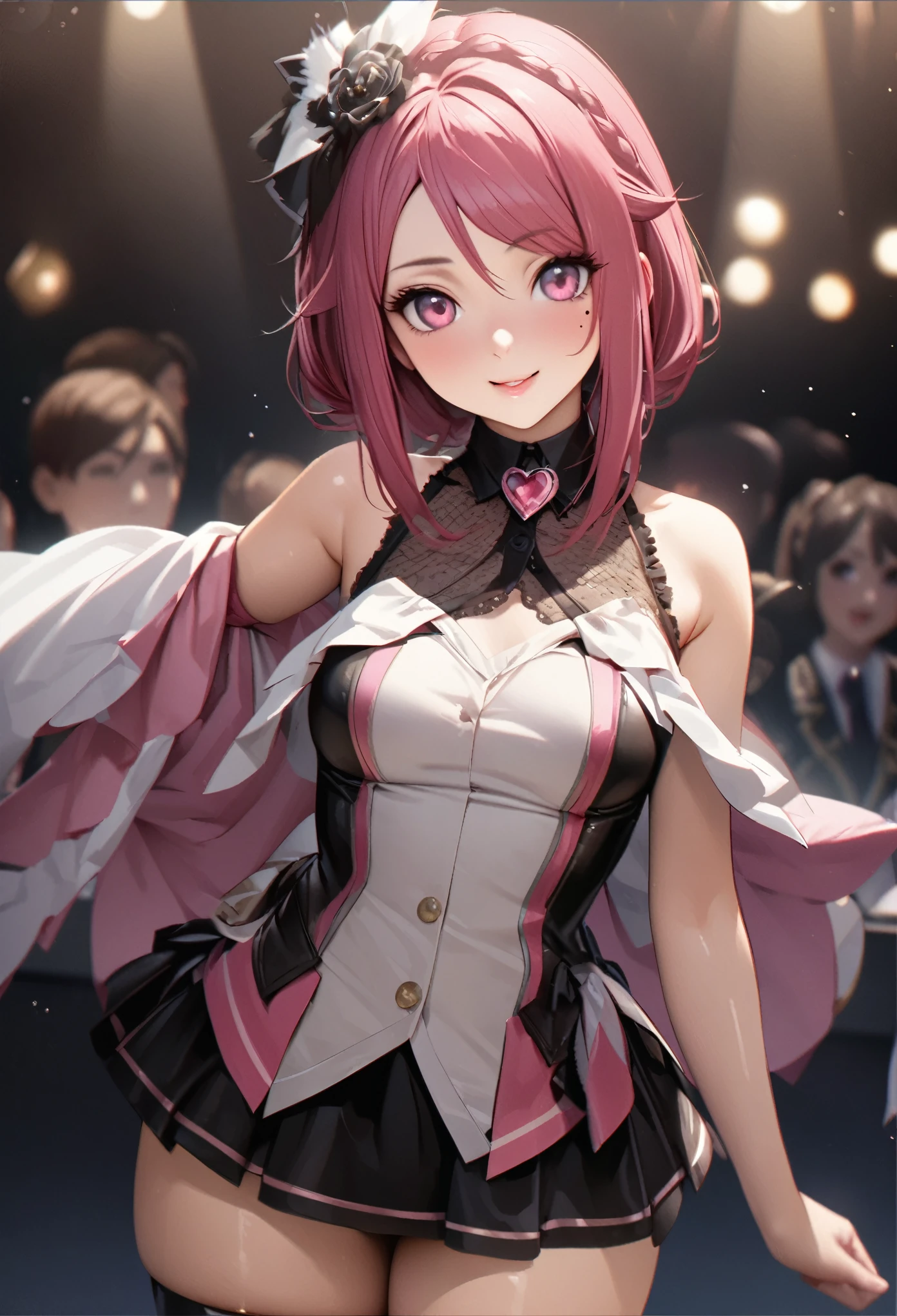 One Girl、Looking at the audience、
Beautiful Pink Eyes、long pink  hair、,Mole under the eye、Plump and glossy lips、Heart-shaped choca、Idol、she is name Riko,smile、ー、。.。.。.。.。.。.。.。.。.。.。.。.。.。.。.。.。.。.3D、Realistic、
idol costume、short skirt,Drape clothes、gem、The decoration has been removed、Floral、Lace trim,On the glittering stage、
masterpiece、highest quality、8k、Detailed skin texture、Detailed cloth texture、Beautifully detailed face、Intricate details、Very detailed、
超A high resolution、8K Ultra HD、Film Grain、Best Shadow、delicate、Staring at the audience、front