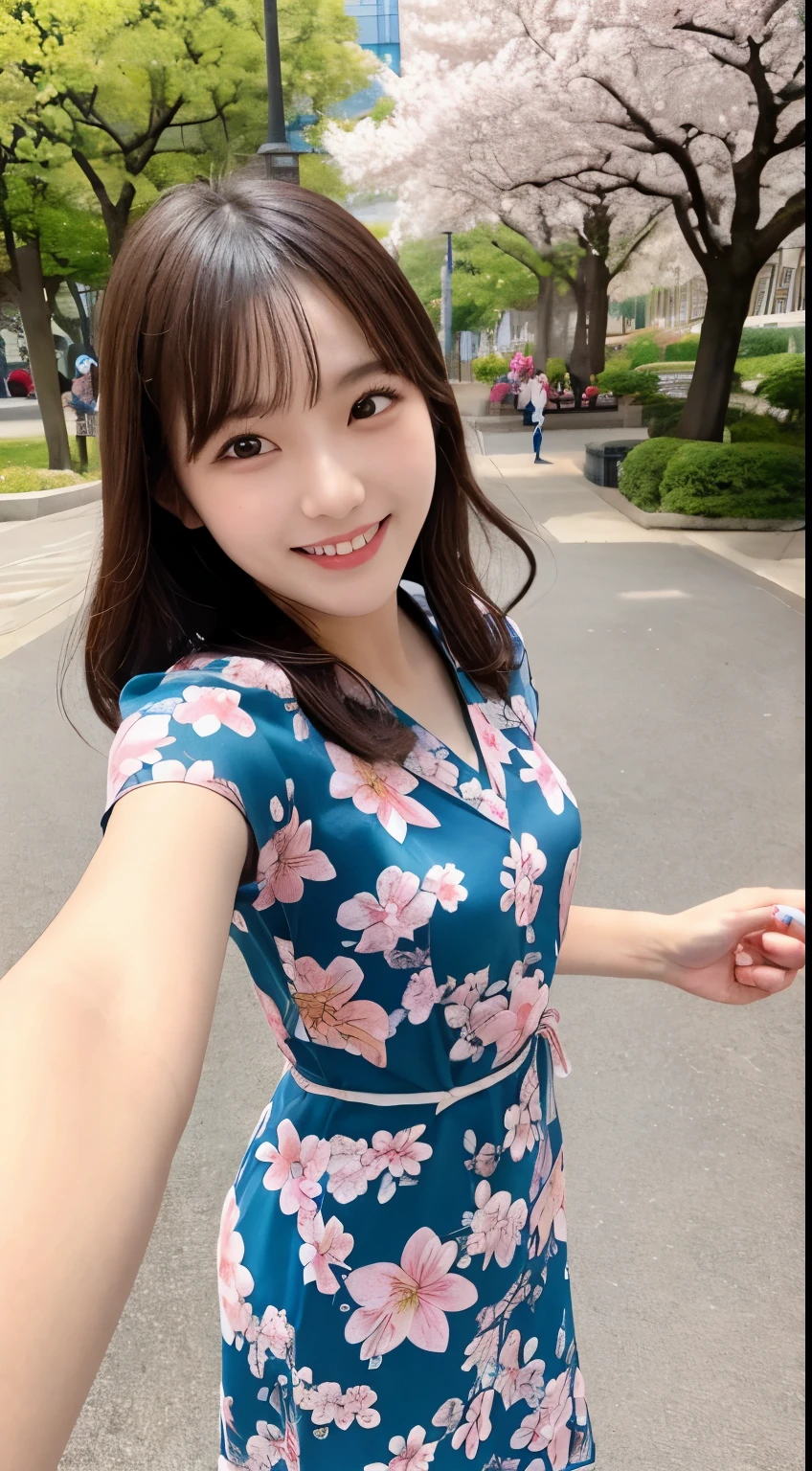 Best quality, Japanese beauty, floral dress, under cherry blossoms, happy smile, taking selfie, at spring park