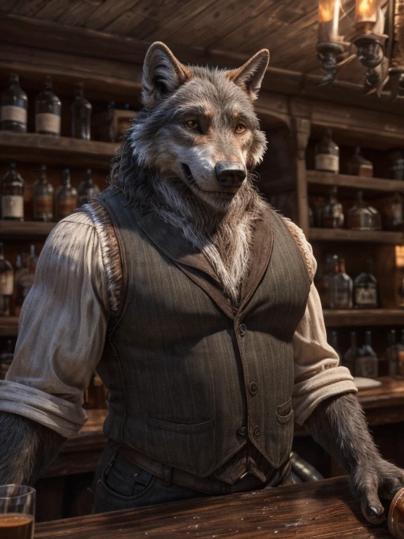 Wolf,uncle,male,Mature men,strong,White vest,Black pants,Bartender costume,Bar,Lively tavern(Detailed background:1.2),High Detail, Film Photography, RAW Video, Practical, Analog style, best quality, ultra Practical, 8k, (through fiddler tarant),