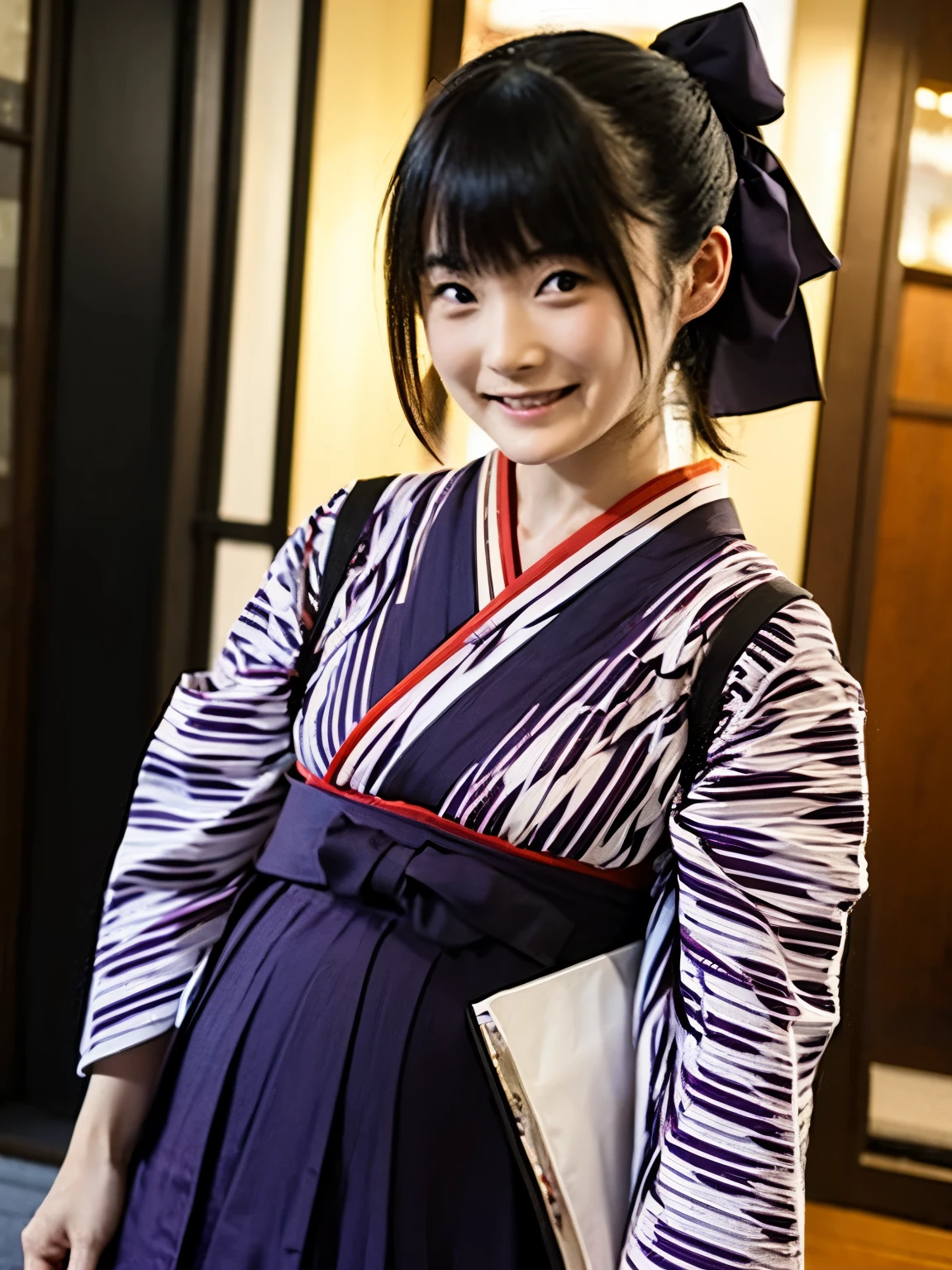 Ticker, One girl, alone, (yagasuri), kimono,  indoor, skirt, hakama, hakama skirt, Realistic, kimono, Black Hair, ponytail,  Happy, Cute Japanese Girl , Meiji era uniform, tasuki, ribbon,  hair ribbon, Purple,  ((close-up)), 