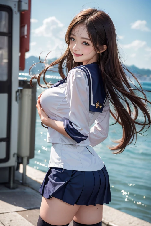 1 female,(((sailor suit))),((skirt)),(wind lift),shy、blush,(red cheek),((looks happy:1.3))、:p,thighhighs,((loafers)),back shot,curvy thighs,Breathless face、sweating、Excited facial expression、Long Hair、Realistic,High resolution,Soft Light,Large Breasts, blue eyes,