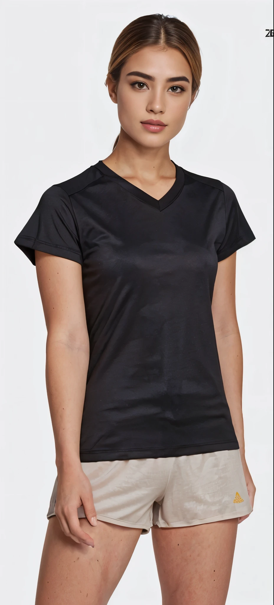 a woman in a camisa preta and tan shorts posing for a picture, Manga curta, roupas esportivas, usando blusa com decote em V, camiseta esportiva, camiseta preta, vestindo uma camiseta preta, imagem detalhada do produto, close da parte superior do corpo, vestindo camiseta preta, close da parte superior do corpo, vestindo uma camiseta preta, centre image, camisa preta, camisa preta