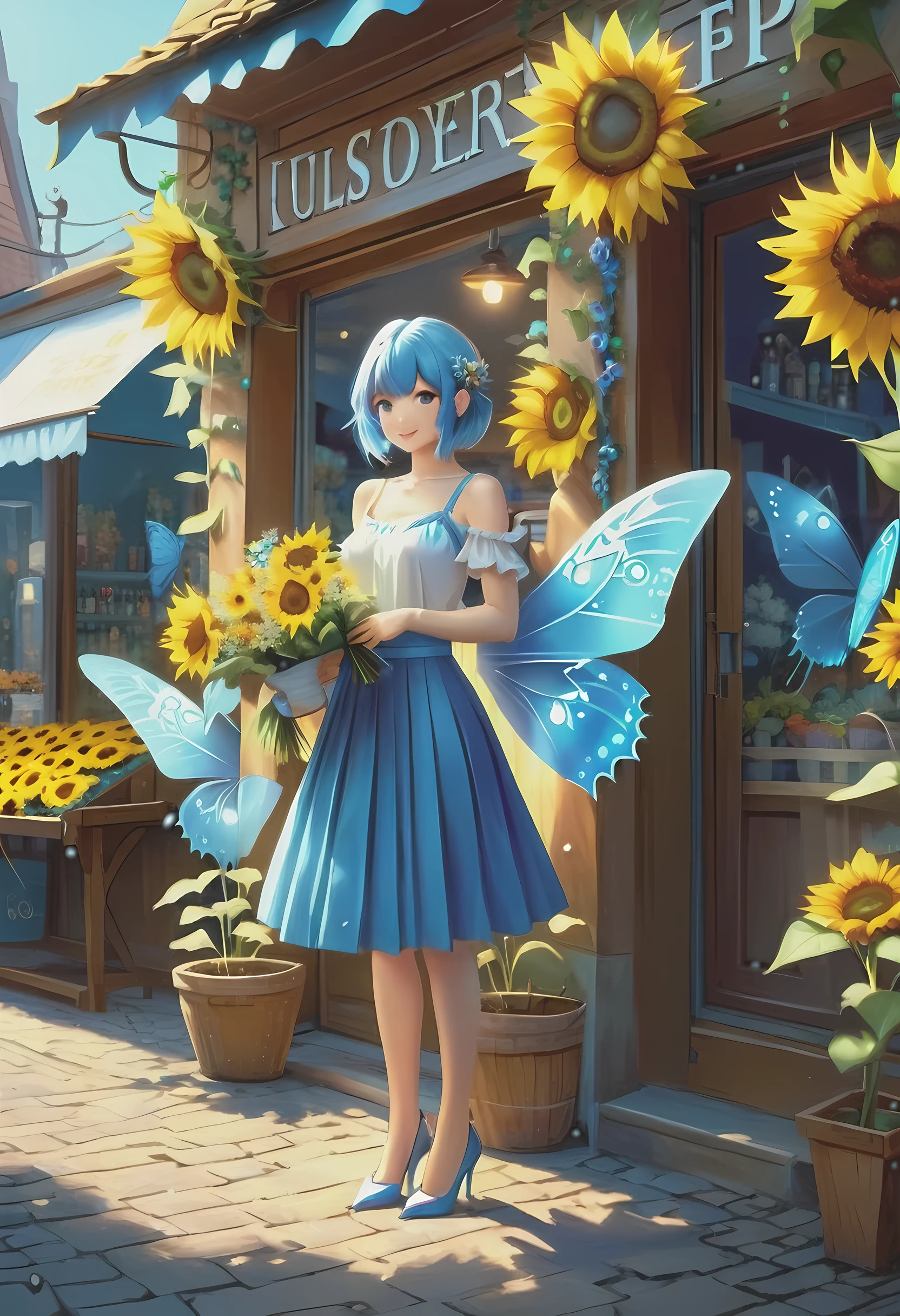 high details, best quality, 16k, RAW, [best detailed], masterpiece, best quality, (extremely detailed), GlowingRunes_paleblue, full body, ultra wide shot, photorealistic, fantasy art, RPG art, D&D art, a picture of a fairy selling flowers in a florist shop, extremely beautiful fairy, ultra feminine (intense details, Masterpiece, best quality), (Blue: 1.3) butterfly wings (intense details, Masterpiece, best quality), blue and white wings (intense details, Masterpiece, best quality),  azure hair, pixie cut hair, shinning hair, flowing hair, shy smile, innocent smile, blue eyes, wearing bright blue skirt, dynamic elegant shirt, chocker, wearing high heels, in flower shop (intense details, Masterpiece, best quality), extreme many (sunflowers: 1.3) (intense details, Masterpiece, best quality), sunflower shop in a modern era street, High Detail, Ultra High Quality, High Resolution, 16K Resolution, Ultra HD Pictures, Ultra Realistic, Clear Details, Realistic Detail, Ultra High Definition, Big Fairy Wings