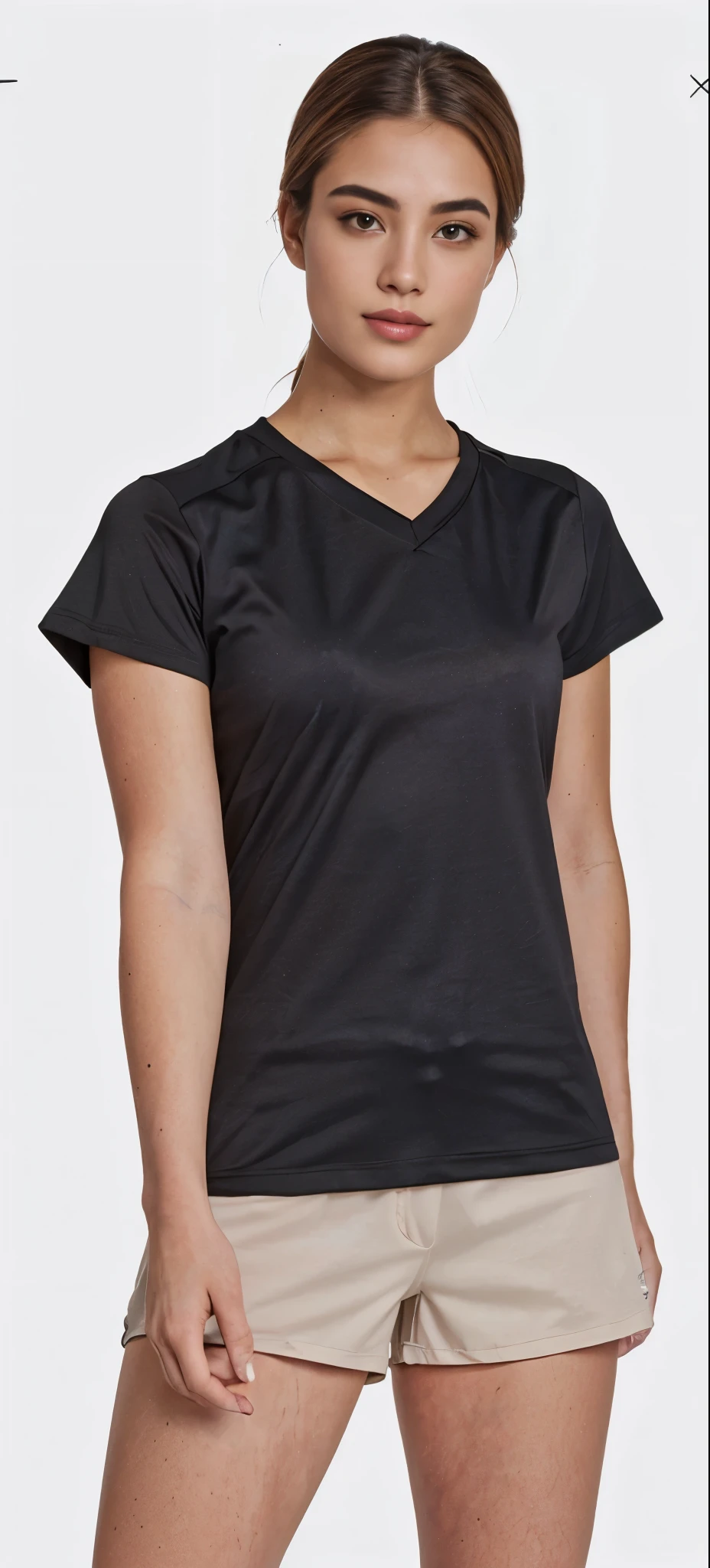 a woman in a camisa preta and tan shorts posing for a picture, Manga curta, roupas esportivas, usando blusa com decote em V, camiseta esportiva, camiseta preta, vestindo uma camiseta preta, imagem detalhada do produto, close da parte superior do corpo, vestindo camiseta preta, close da parte superior do corpo, vestindo uma camiseta preta, centre image, camisa preta, camisa preta