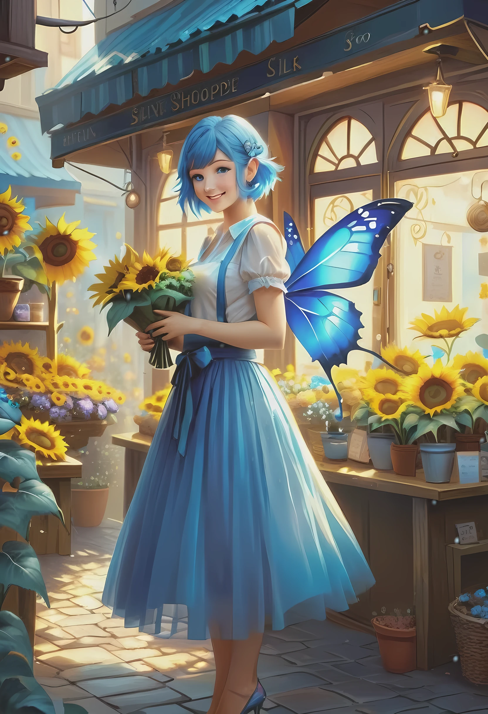 high details, best quality, 16k, RAW, [best detailed], masterpiece, best quality, (extremely detailed), GlowingRunes_paleblue, full body, ultra wide shot, photorealistic, fantasy art, RPG art, D&D art, a picture of a fairy selling flowers in a florist shop, extremely beautiful fairy, ultra feminine (intense details, Masterpiece, best quality), (Blue: 1.3) butterfly wings (intense details, Masterpiece, best quality), blue and white wings (intense details, Masterpiece, best quality),  azure hair, pixie cut hair, shinning hair, flowing hair, shy smile, innocent smile, blue eyes, wearing bright blue skirt, dynamic elegant shirt, chocker, wearing high heels, in flower shop (intense details, Masterpiece, best quality), extreme many (sunflowers: 1.3) (intense details, Masterpiece, best quality), sunflower shop in a modern era street, High Detail, Ultra High Quality, High Resolution, 16K Resolution, Ultra HD Pictures, Ultra Realistic, Clear Details, Realistic Detail, Ultra High Definition, Big Fairy Wings