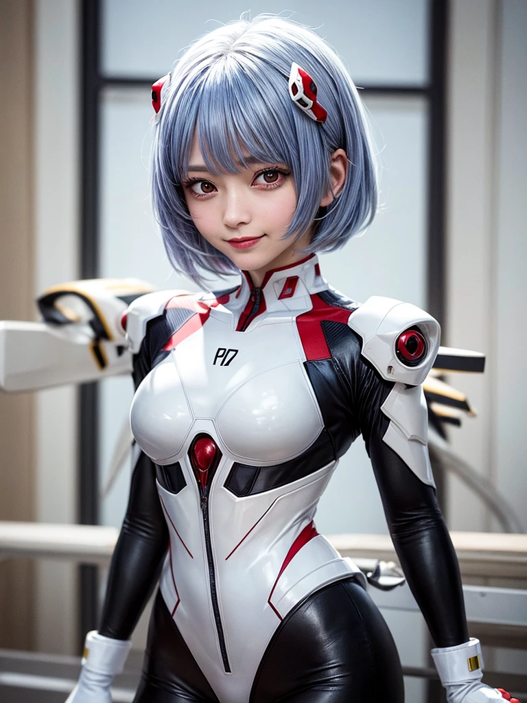 Masterpiece, highest quality, 8K, detailed skin texture, fine cloth texture, beautiful detailed face, intricate details, super detailed, portrait of Rei Ayanami, blue hair, red eyes, looking far away, no background, Evangelion Wearing a plug suit when riding, plug suit, whole body visible, standing, arms crossed, , beautiful, cute, great style, smiling,composition that shows the whole body,
