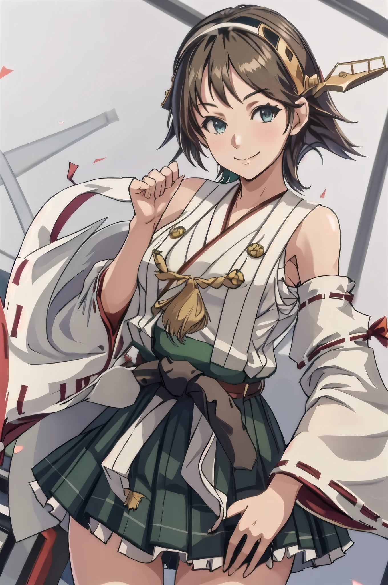 highest quality, masterpiece, High resolution, alone, {Hiei_Kantai Collection:1.15}, オレンジ色hair, hairband, headgear, Non-traditional_Miko, smile, green_eye, Inverted up_hair, smile, One Girl, Dependent_sleeve, green_skirt, Plaid, Plaid_skirt, ribbon-trimmed_sleeve, ribbon_trim, skirt, Office Background,