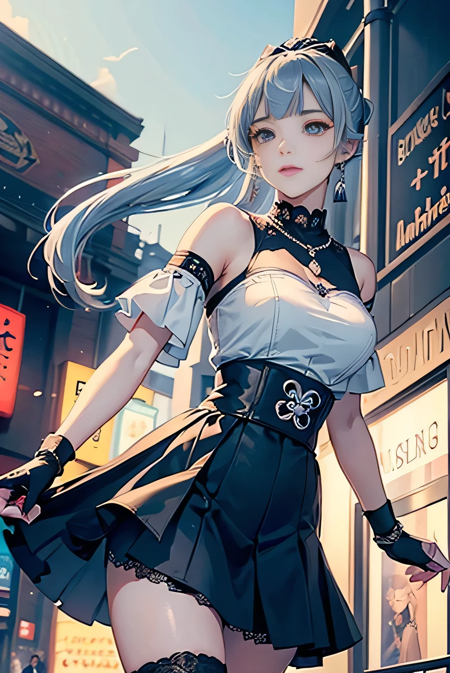 ((Kamisato Ayaka in Genshin Impact)),
(low angle,from below),((masterpiece, highest resolution,best quality)), (beautiful illustration), ((semi long beautiful silver blue hair,blunt bangs,pony tail,beautiful blue eyes)),(solo),(beautiful elegant office blouse and black skirt),(looking at the viewer), (walking around the shopping mall),
innocent smile,(white over-kneehighs,Lace chalker, wristband, fingerless gloves, over-kneehighs,
Lace chalker, diamond necklace,wristband, fingerless gloves, earrings), (cinematic lighting and pause),shopping mall,big city,busy street,day,blue sky,flowers and trees,crowded,