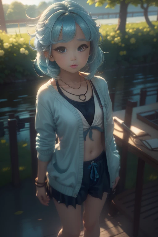 Realistic, Anime screenshots, chest, View from the front, Are standing, , pretty girl, , bangs, Pulling the hair back, Floating Hair, Side Lock, Light blue hair, Two-tone hair, Flowing Hair, 平らなchest, Light Skin, ribbon, necklace, ring, cardigan, White shirt, clavicle, Outdoor, blue sky, 8k resolution