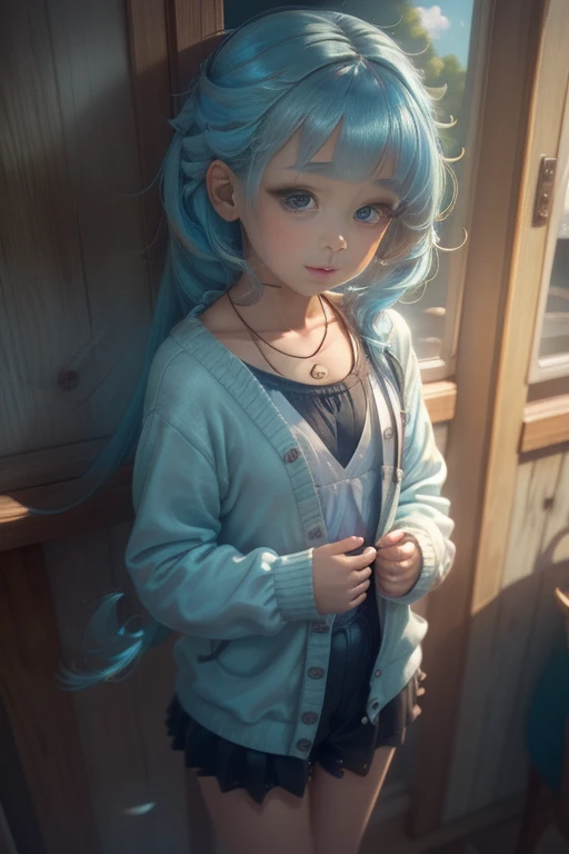 Realistic, Anime screenshots, chest, View from the front, Are standing, , pretty girl, , bangs, Pulling the hair back, Floating Hair, Side Lock, Light blue hair, Two-tone hair, Flowing Hair, 平らなchest, Light Skin, ribbon, necklace, ring, cardigan, White shirt, clavicle, Outdoor, blue sky, 8k resolution
