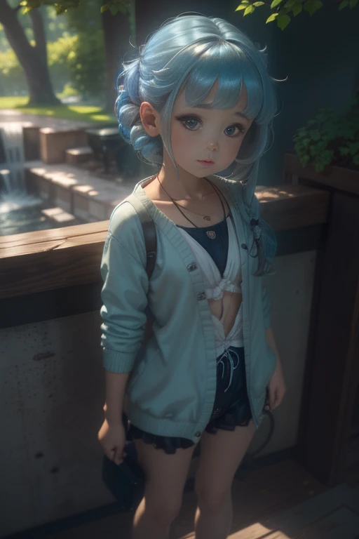 Realistic, Anime screenshots, chest, View from the front, Are standing, , pretty girl, , bangs, Pulling the hair back, Floating Hair, Side Lock, Light blue hair, Two-tone hair, Flowing Hair, 平らなchest, Light Skin, ribbon, necklace, ring, cardigan, White shirt, clavicle, Outdoor, blue sky, 8k resolution