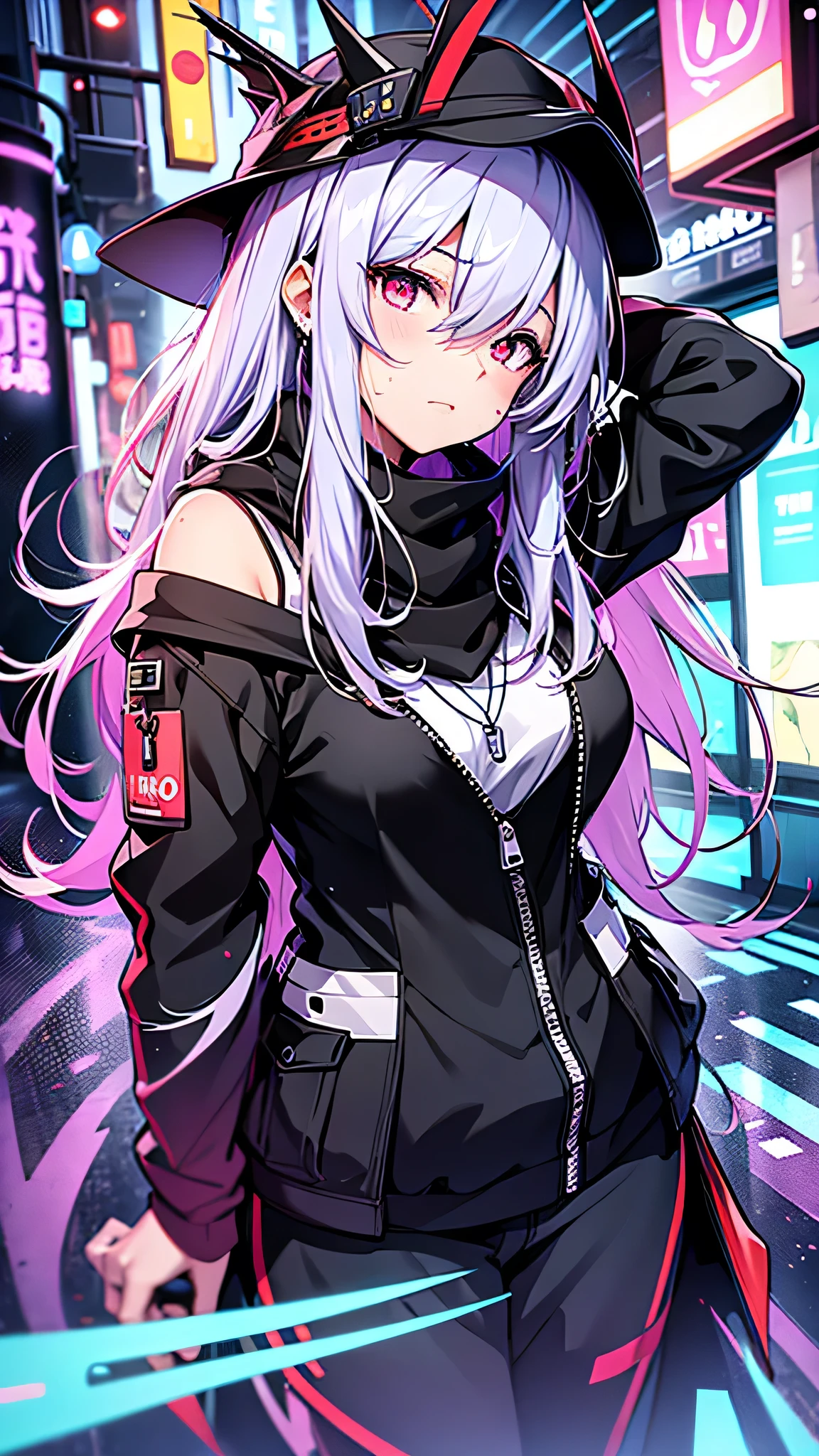 最high quality、Best image quality、masterpiece、girl((18-year-old、 By becoming、Best Bust、Medium Bust,Wide open breast tea、Red glowing eyes,Silver Hair、Disheveled Hair、Long Hair、thin,The highest valley、Open chest、Luminous Wristbands、hat、hair ornaments、luminous necklace、Black sleeveless hoodie(1:2)、Blue short skirt、Angle from directly above、Disheveled clothing、Show the whole body,Low - Angle、Hacker-like、sweating、lure、Black cute mask、Leaning against a wall、Black scarf)),high quality、Beautiful art、background((Neon Town、Neon Light、Neon interior at night))、Flight、Flying debris、Written boundary depth、movie、Visual Arts、Perfect art、8K,Genuine、
