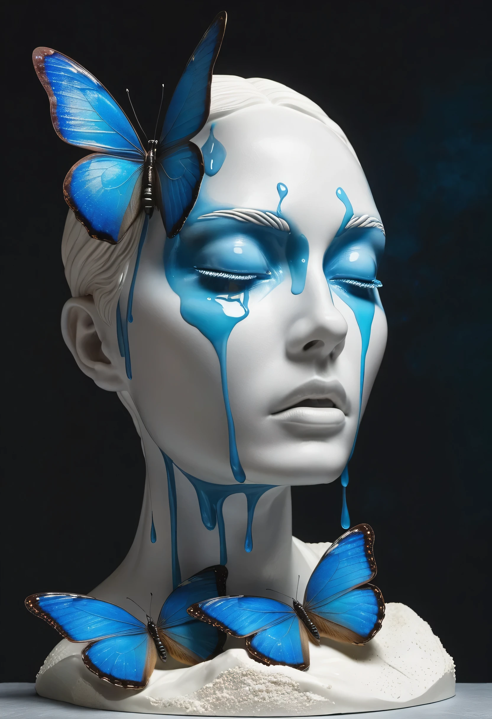 Made of white plaster，statue，Still Life Table Setting，Dark background，Weird alien portrait sculpture，look up，There were tears on his cheeks，Blue Tears：1.5，a blue butterfly， modern style, high resolution, artwork，advanced