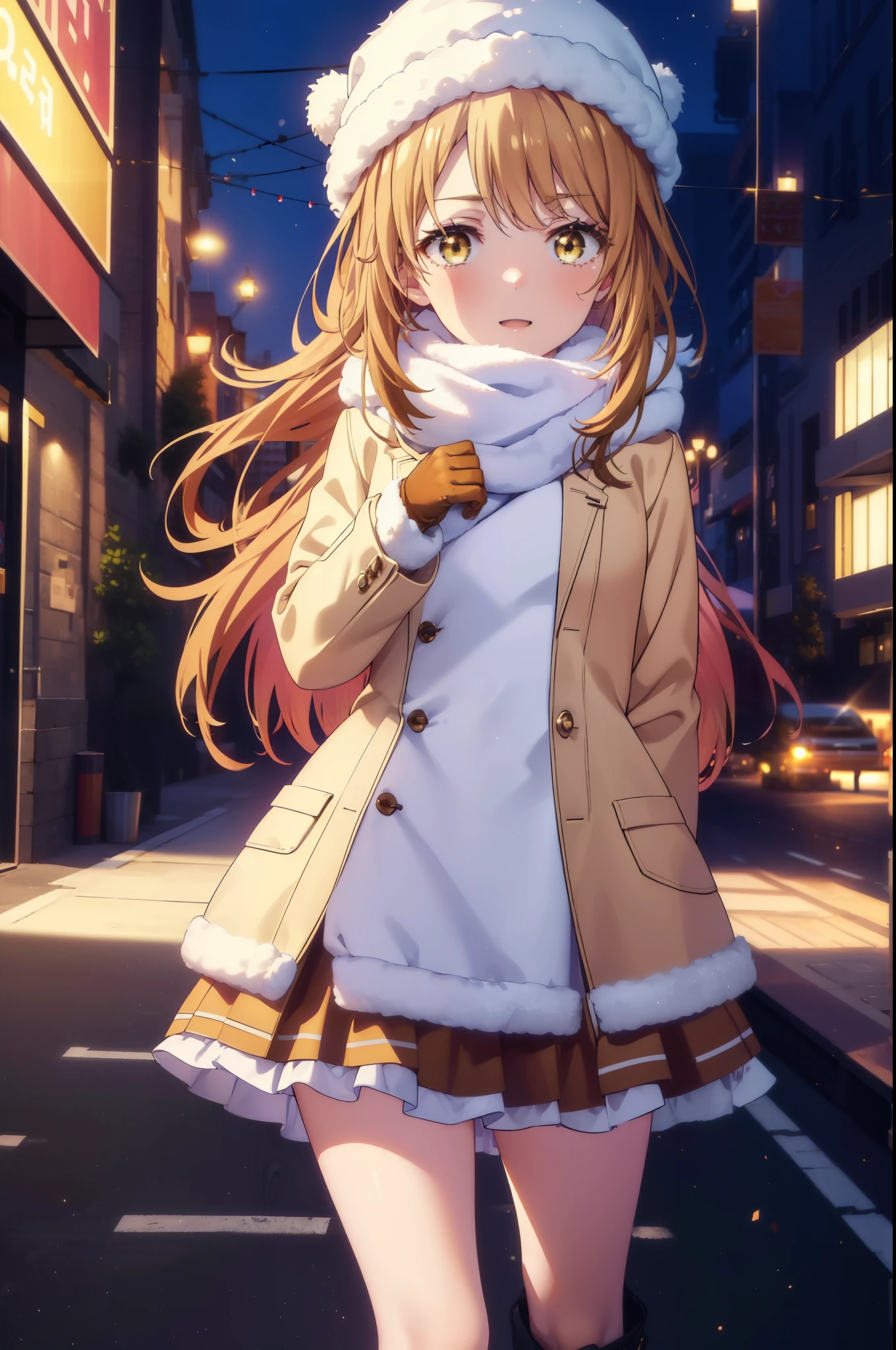 irohaisshiki, Iroha Isshiki, Long Hair, Brown Hair, (Brown eyes:1.5), Hair between the eyes, Pink Hair,happy smile, smile, Open your mouth,Knitted hat,Yellow coat,White scarf,White sweater,He has fluffy gloves on both hands..,Long skirt,black tights,short boots,that&#39;it&#39;s snowing,It&#39;s snowing,winter,Cold Sky,moonlight,full moon,よる
break looking at viewer, whole body, Upper Body,
break outdoors, city,Building Street,
break (masterpiece:1.2), highest quality, High resolution, unity 8k wallpaper, (shape:0.8), (Fine and beautiful eyes:1.6), Highly detailed face, Perfect lighting, Highly detailed CG, (Perfect hands, Perfect Anatomy),
