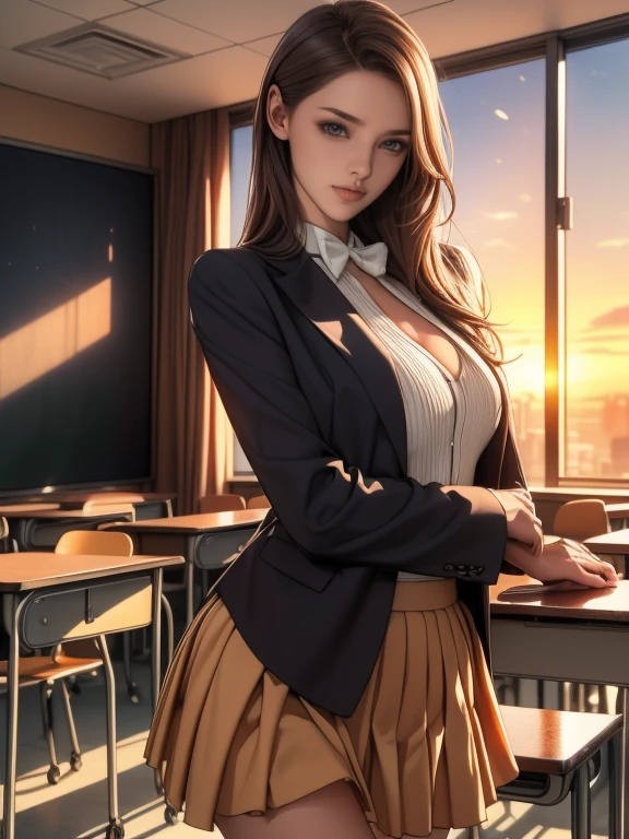 (8k,Photorealistic, masutepiece, Best Quality, Raw photo:1.3)、1woman in, 25years old,Solo,teacher, Long hair, Brown hair, Detailed beautiful face, alluring face, (Detailed beautiful brown eyes:1.2), medium breasts,(loose suit, sheer Skirt :1.35), ( Perfect body skinny beauty: 1.4),( temptation Pose:1.3), (Looking at Viewer, front view,eyes focus:1.2), Detailed background, (sunset:1.2), classroom,fine detailed, intricate detailes, Ray tracing, depth of fields, seductive smile,classroom,