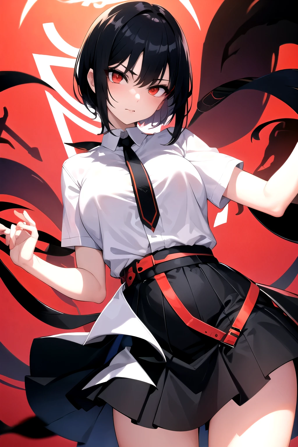 short skirt, hot, red and black clothes, black skirt, black hair, yandere, sharp eyes, sharp gaze, beautiful, slim, female,