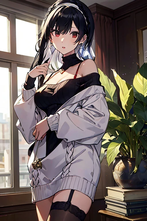 masterpiece, yor, 1girl, Bust A Cup, Amazing Cleavage:1.0, thin waist, big ass, Raised sexy, big breast: 1.2 posed cleavage:1.2、solo, looking at viewer, open mouth, black hair, red eyes, dress, bare shoulders, jewelry, collarbone, sidelocks, hairband, earrings, indoors, off shoulder, :o, sweater, arms behind back, plant, short hair with long locks, white hairband, off-shoulder dress, sweater dress, off-shoulder sweater, red sweater, big side hair, very long side hair,is rendered in (masterpiece: 1.2, best quality), with (ultra high resolution) and an exquisite (depth of field). This masterpiece is not only visually stunning but also tells