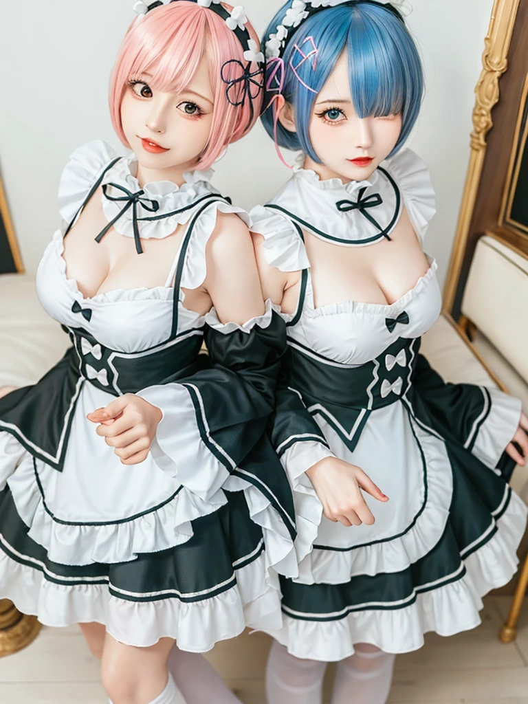 (8K, Photorealistic, Raw photo, of the highest quality: 1.3), (1girl in), Super beautiful, (Realistic face), (boyish, light blue Color Berry Shorthair),(8K, Photorealistic, Raw photo, of the highest quality: 1.3), (1girl in), Super beautiful, (Realistic face), (boyish, pink Color Berry Shorthair), Beautiful , Glare that captivates the viewer, Beautiful expression, Beautiful breasts, (Realistic skin), Be...Create a detailed and colorful image of Ram and Rem from Re:Zero, standing back-to-back in their maid outfits, with a magical fantasy background、14years old, two girls,cute, perfect face, beautiful, nice body, gothic ta clothes, gothic loliashion, frilly skirt, headdress, necklace, bracelet, knee-high socks, boots, double eyelids, tear bags, Detailed down to the fingers, photo-like description, indoors, dim indoor lighting, one girl is pink hair and short bob, another girl is light blue hair and short bob,standing, whole body, composition that shows the whole body, smiling,The Both of them are wearing the same type of maid outfit