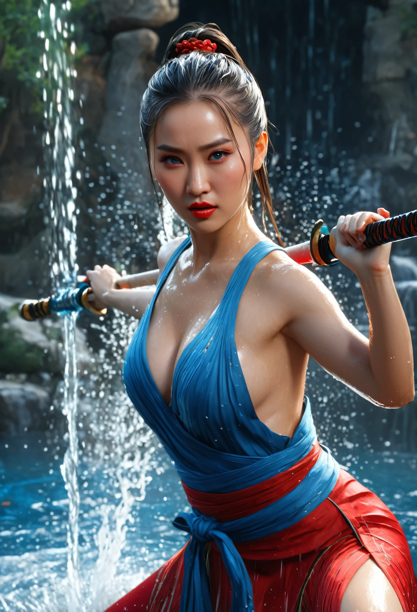 (Extremely detailed CG Unity 8K wallpaper,masterpiece, best quality, Super detailed),(incredible lighting, Dynamic camera angles),Water sword, blue water splash,stream, flowing water,Large Breasts, Beautiful girl with oriental face,Ponytail, Oval face,Phoenix Eyes,high nose,Red lips,Elegant martial arts dress,watercolor,Advanced film texture