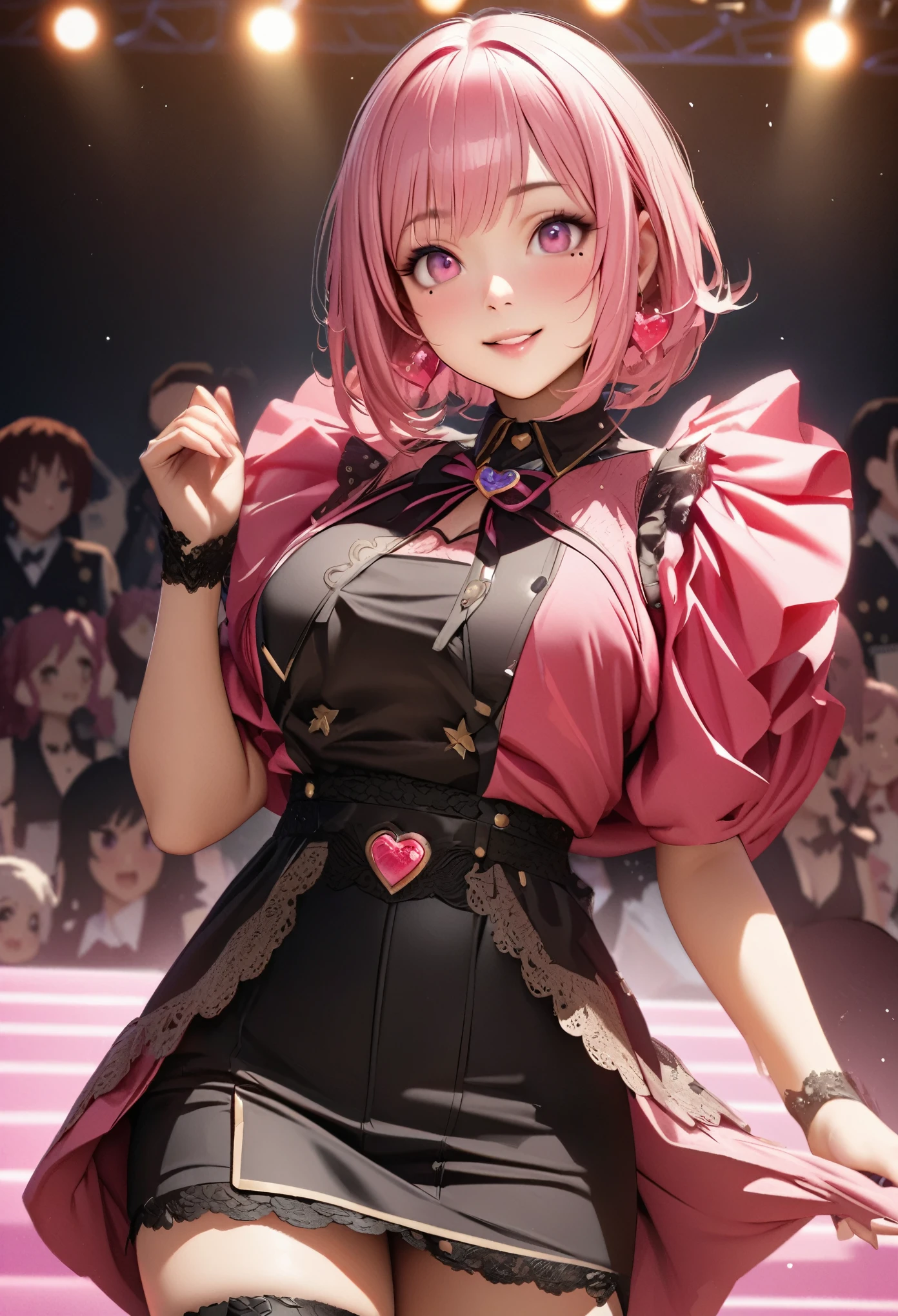 One Girl、Looking at the audience、
Beautiful pink eyes、Long pink hair、,Mole under the eye、Plump and glossy lips、Heart-shaped choca、Idol、Her name is Rico,smile、ー、。.。.。.。.。.。.。.。.。.。.。.。.。.。.。.。.。.。.3D、Realistic、
Idol衣装、Short skirt,Drape clothes、gem、The decoration has been removed、Floral、Lace trim,On a glittering stage、
masterpiece、highest quality、8k、Detailed skin texture、Detailed cloth texture、Beautifully detailed face、Intricate details、Very detailed、
超A high resolution、8k Ultra HD、Film Grain、Best Shadow、delicate、Gazing at the audience、front
