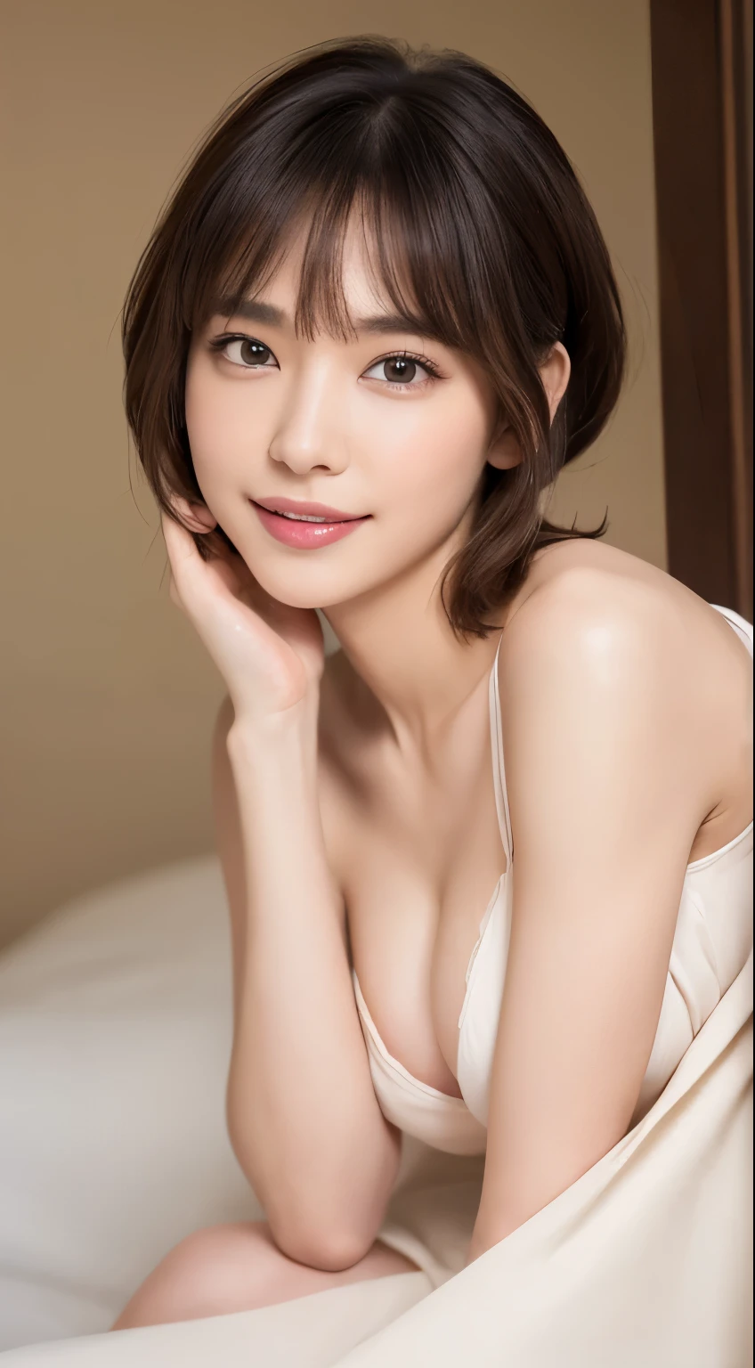 ((highest quality, 8k, masterpiece :1.3)), (Realistic, Photorealistic:1.4), Sharp focus:1.2,
Bright colors, Professional level, Shallow depth of field,
, 1 person, A beautiful face with intelligence,
Flexible body :1.3, Model Body Type:1.5, 頭w:1.4, Perfect Style:1.4,
Narrow shoulders, Beautiful clavicle, Long, slender legs, The beauty of slim abs :1.2, Narrow waist :1.2,
Highly detailed skin, Fair skin, Shiny skin,
Highly detailed face, Slim face contour, Beautiful small face, Beautiful nose,
Highly detailed eyes, Long, narrow eyes, Brown eyes, double eyelid, Beautiful thin eyebrows, fine long eyelashes,
Highly detailed lips, Fuller lips, Glossy pink lips, Blushed, Beautiful Teeth,
Beautiful actress'Fatigue Make-up, Pink lipstick, (necklace, Earrings),
milk greige hair, Delicate and soft hair,
(Put your hair up, short hair, ponytail:1.2), Layered Cut, (Blunt bangs:1.2),
(Dress in trendy fashion:1.2),
A kind smile, Mouth half open, A dreamy look, Looking into the camera,
Dynamic Lighting, ((Hasselblad Photos)),
(She is lying on her back in a sexy pose:1.
(Perfect breast shape, B Cup:1.2), It is a small pale pink areola..,
(She has a cute plump ass, My thighs are dazzling),
(View from the front, Please pay attention to the nipples, Full body portrait:1.5),