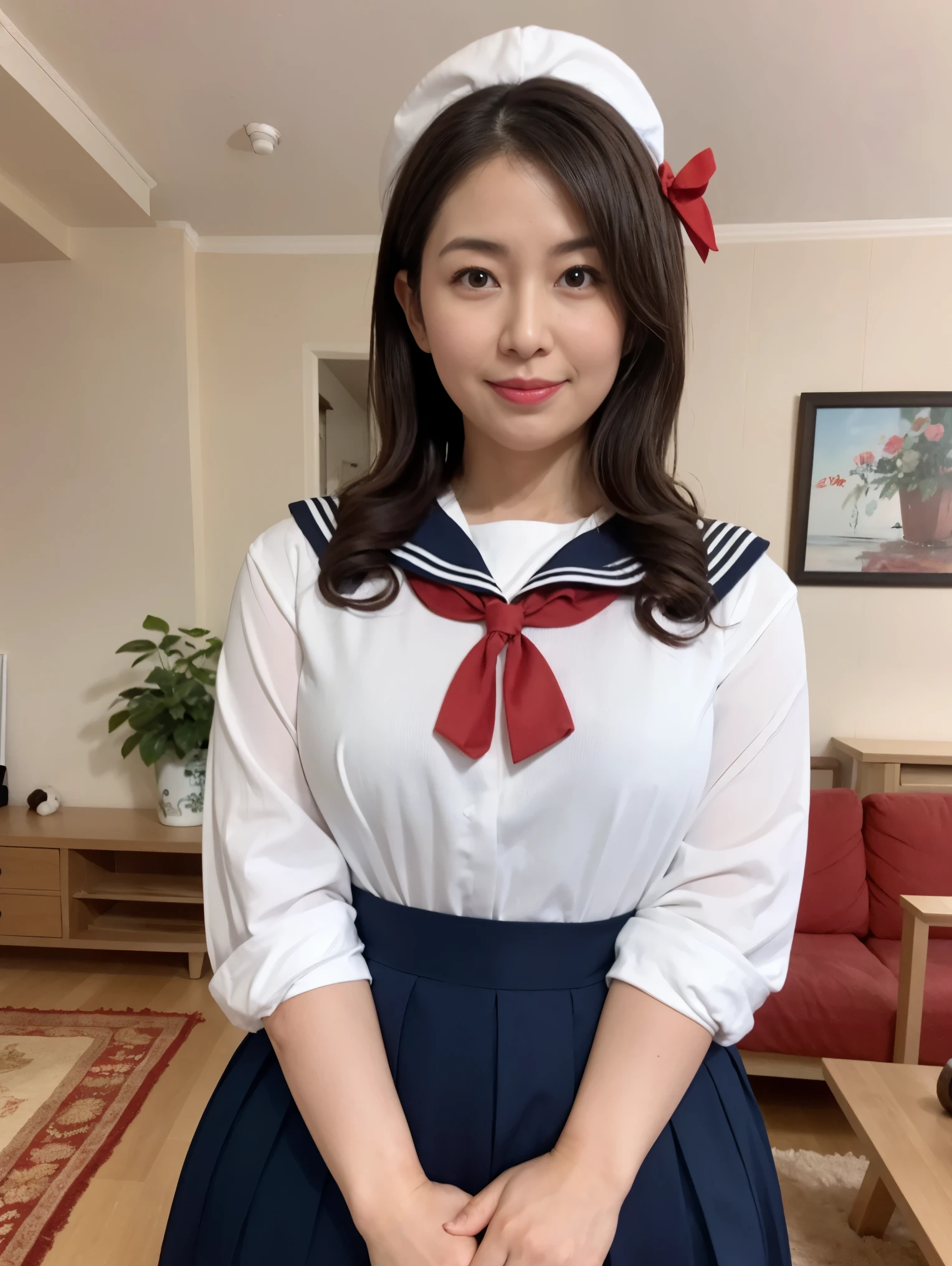 housewife, 32 years old, height: 158cm, ((In the living room)), ((cute:1.4)), Clean atmosphere, clear, Big Breasts, Hard breasts, Big Ass, (Thick lips), Curvy body type, Beautifully styled hair, (High school girl in sailor uniform:1.2), Medium Short, (Red ribbon:1.2)