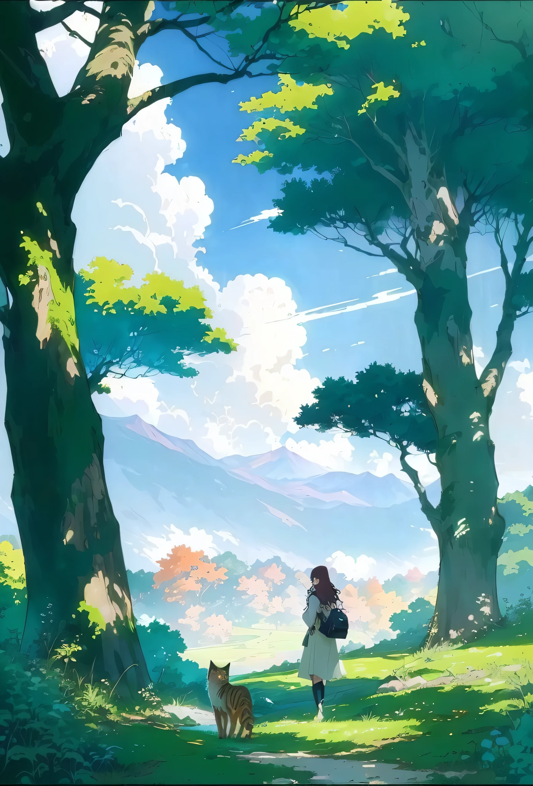 Anime style of a woman walking through the forest with a cat, Anime Landscape, anime rural scenery, Anime Landscape wallpaper, Anime Background art, Anime Nature, anime art wallpaper 4k, Anime Art Wallpaper 4K, Anime Background, Landscape Artwork, Anime Landscape, beautiful Anime Landscape, Anime Nature wallpap, anime art wallpaper 8 k, Anime Landscape concept art