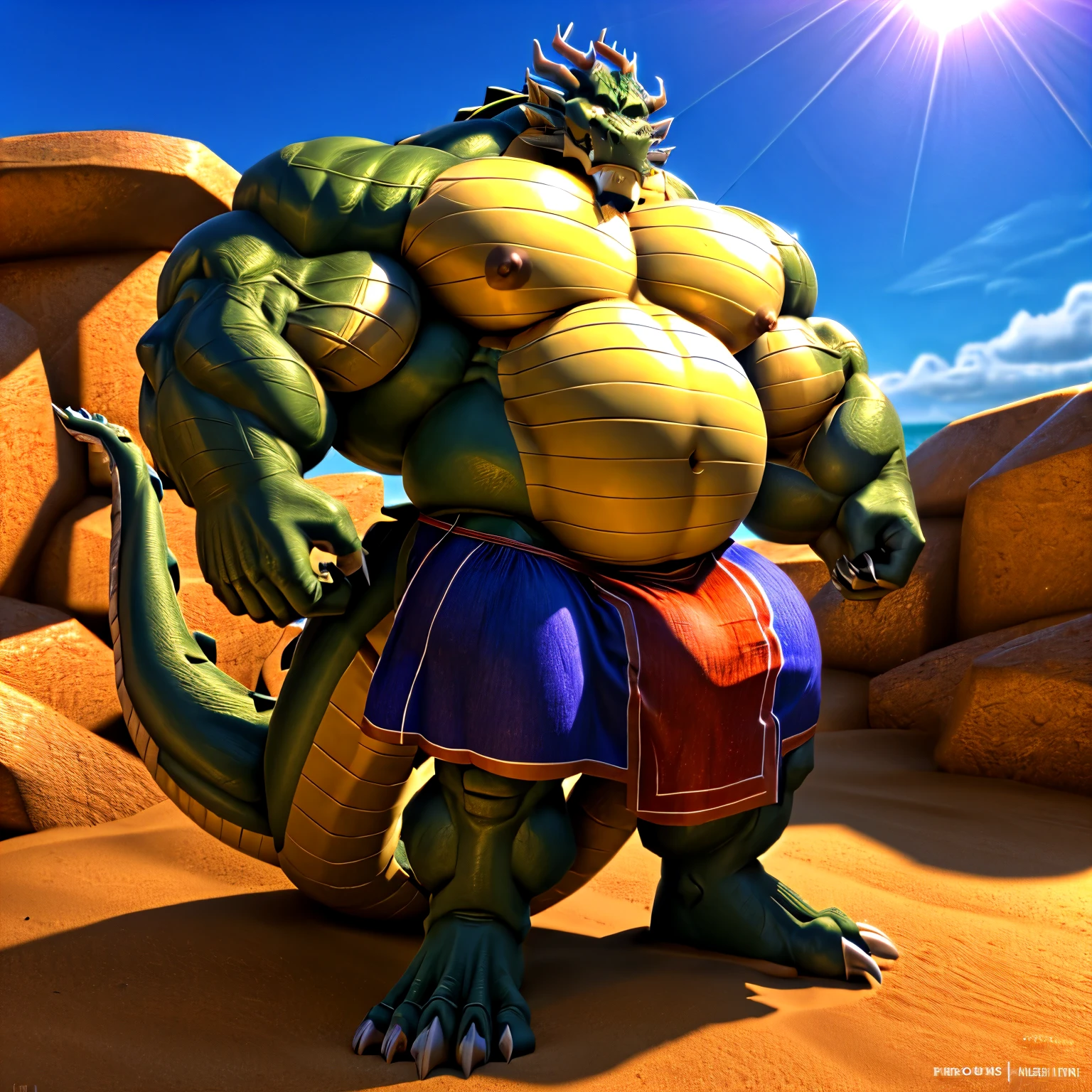 shendu, eastern dragon king, male dragon, eastern dragon,hefty body, with very big muscles, hulking, huge, colossal body, extremely strong, big abdominal muscles, hefty musclegut, pecs, Strong and robust musclegut , prominent muscle abs, sharp claws, legs, feet, full body, loincloth, HDR, nipples, sunlight, daylight, outdoor, bright , at noon, good weather, 4k, best quality .