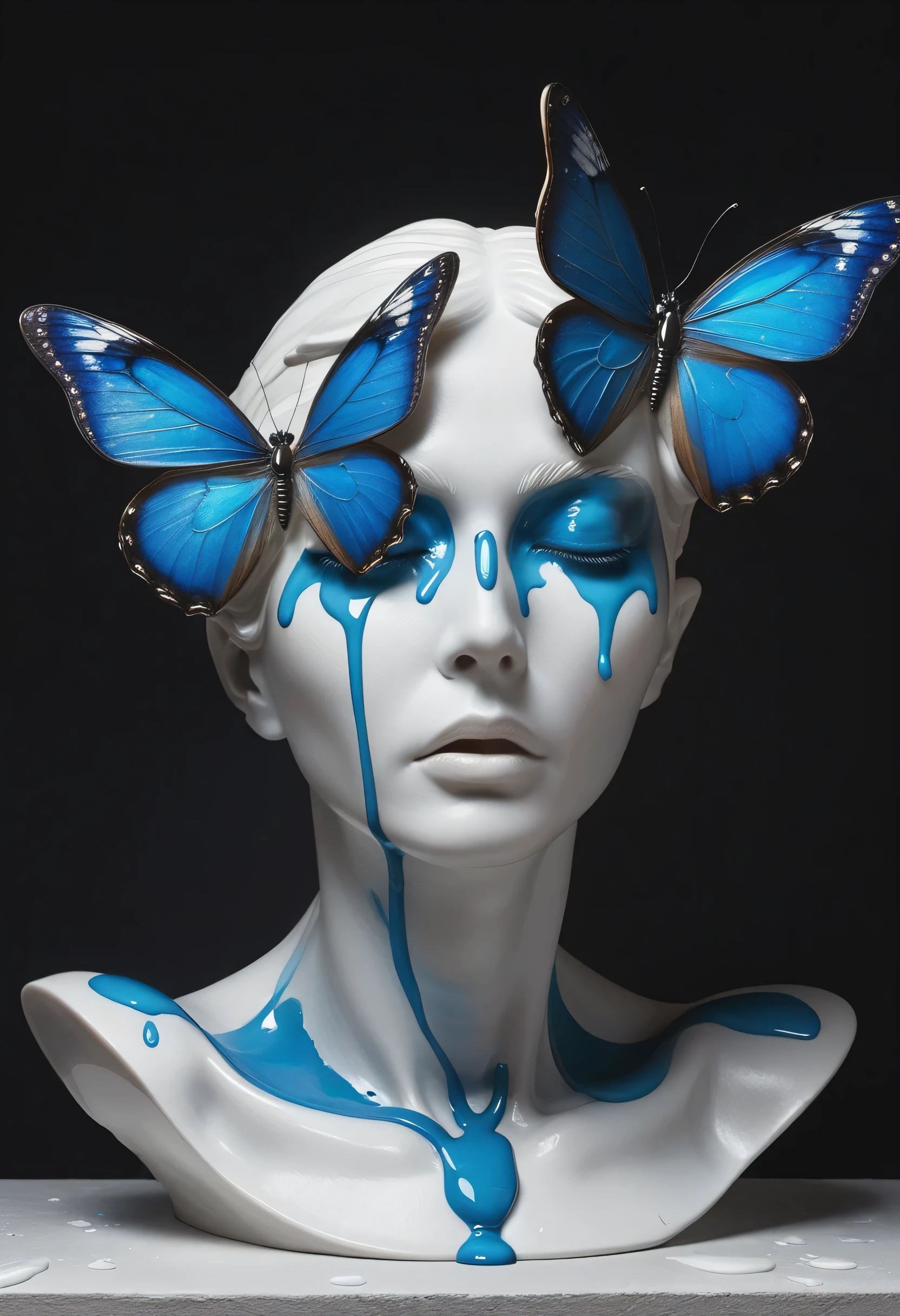 Made of white plaster，statue，Still Life Table Setting，Dark background，Weird alien portrait sculpture，look up，There were tears on his cheeks，Blue Tears：1.5，a blue butterfly， modern style, high resolution, artwork，advanced