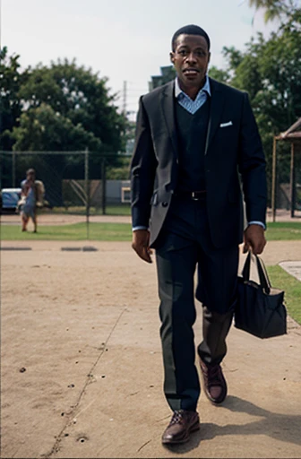 mother walks with  on the playground. the black man stands with a surprised face