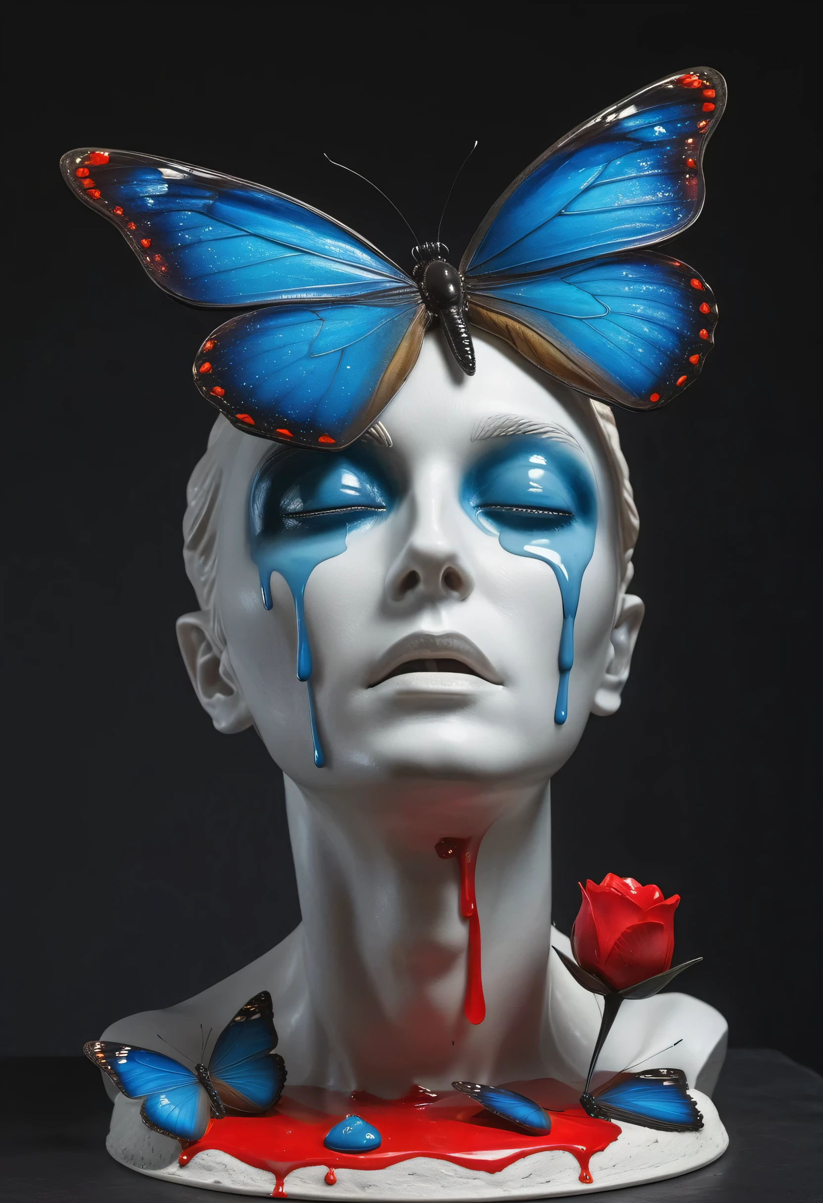 Made of white plaster，statue，Still Life Table Setting，Dark background，Weird alien portrait sculpture，look up，There were tears on his cheeks，Blue Tears：1.5，A red butterfly， modern style, high resolution, artwork，advanced