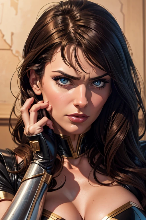 4k, comic babes, close-up of a woman with her hand on her chin, with a thoughtful expression.